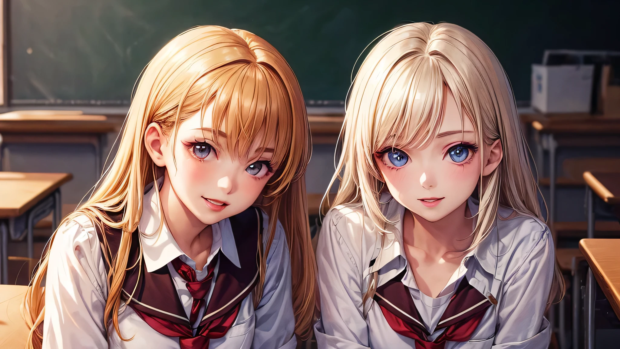 (2 girls:1.2), incredibly beautiful face, compensate, lipstick, enchanting smile, blonde, (school uniform, mini skirt:1.2), (highest quality: 1.4), (Super detailed), (highest quality:1.4), (super detailed), evening, (anime illustration), very high resolution, (Upper body), close up face, (School, classroom), School anime,  anime illustration,