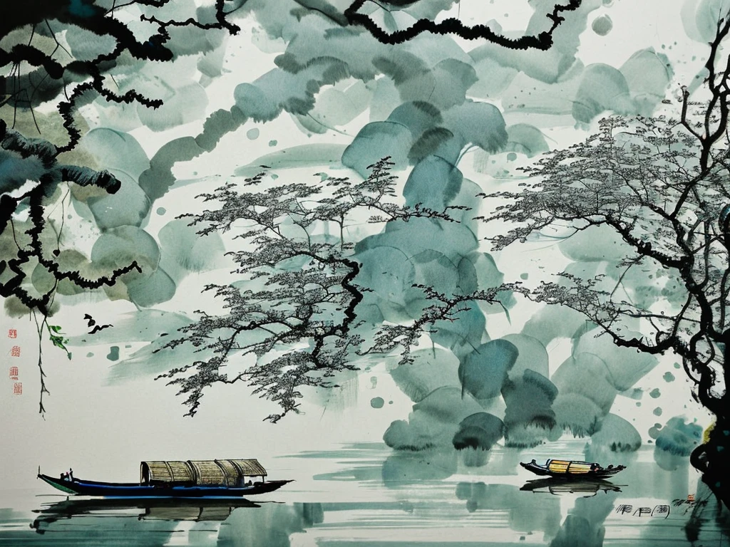 Jiangnan Huizhou architecture watercolor black and white painting style hazy fog, Fantasy leaves a large blank space and is minimalist (masterpiece), (best quality) masterpiece