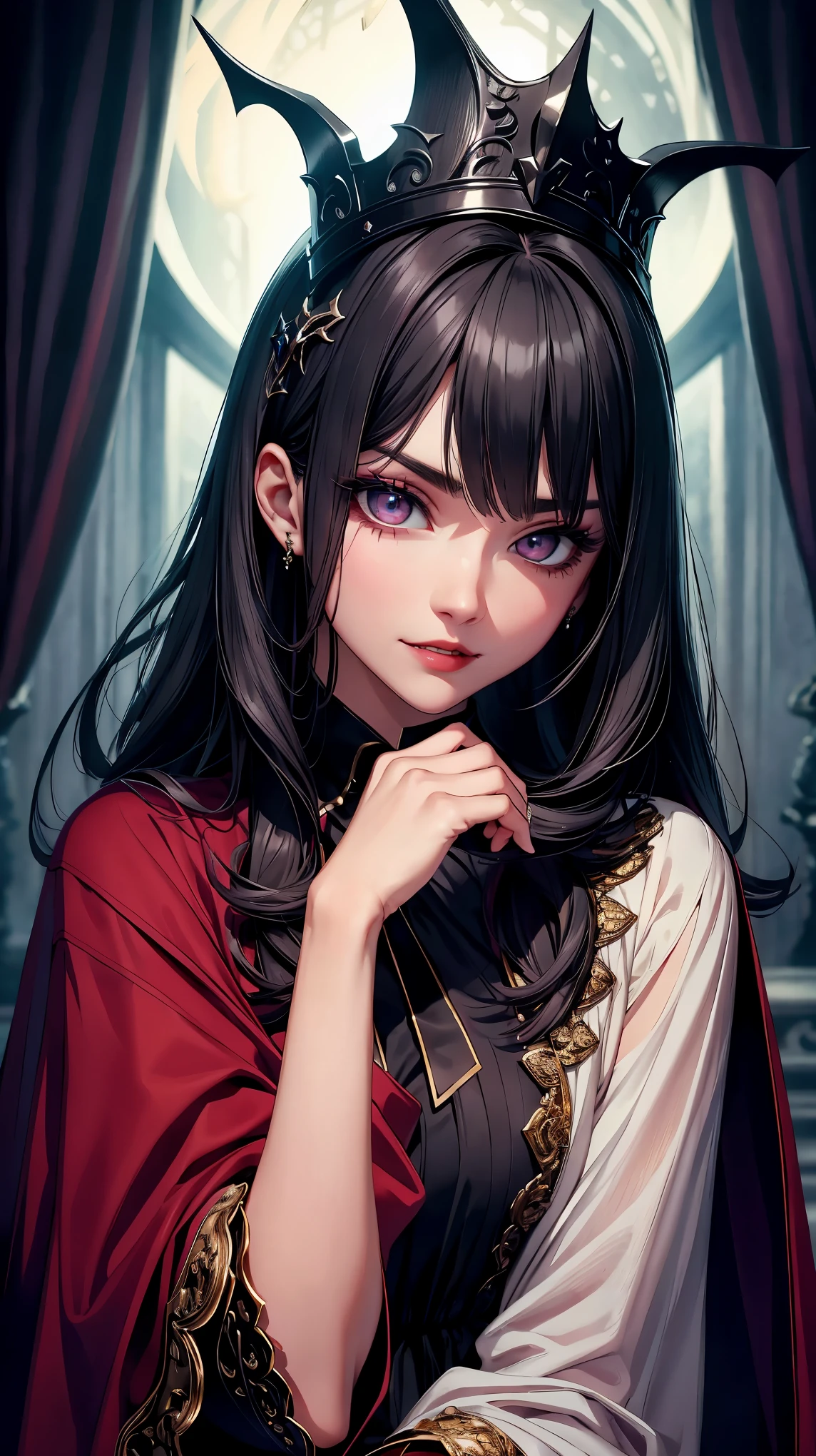 (highest quality、High resolution、masterpiece:1.2)、Super detailed、beautiful detailed eyes、beautiful detailed lips、highly detailed eyes and face、long eyelashes、noble and elegant vampire king、Bright colors、pale skin、sharp fangs、sharp gaze、fine clothes、gorgeous jewelry、dark red velvet cape、dramatic lighting、unforgettable atmosphere、a moonlit night、Dark castle in the background、ominous shadow、subtle and mysterious smile