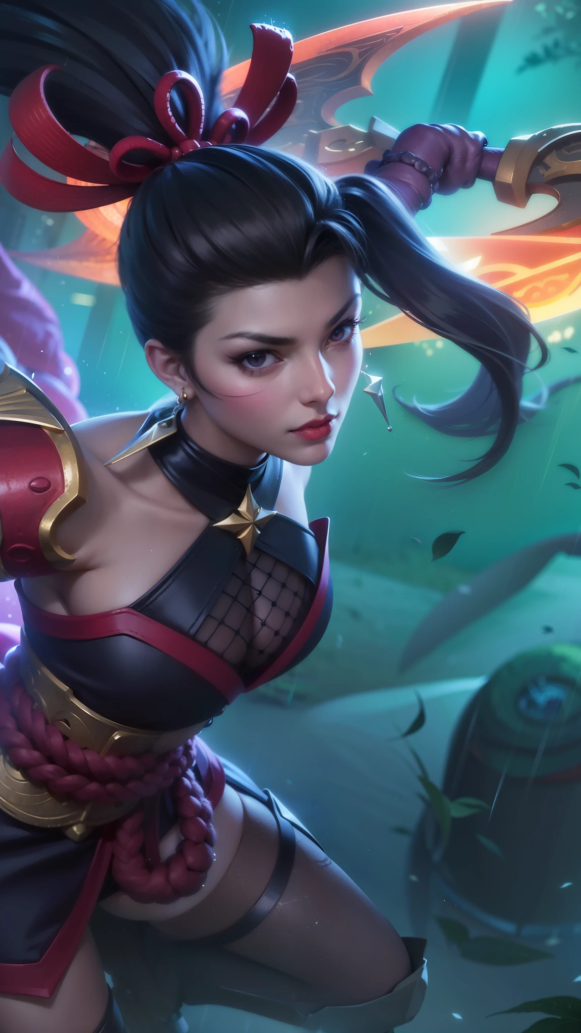 (female:1.2), 8k, ultra hd, ultra detailed texture, hyper realistic, masterpiece, detailed texture, detailed face, detailed skin, detailed lighting, (photorealistic:1.5), best quality, beautiful lighting, cinematic lighting, professional lighting, ultra highres, realistic, detailed hair, real hair, high quality, (realskin:1.5), extremely detailed, finely detail, ultra-detailed, 1girl, solo, elf, pointy ears, standing, demon horns, forehead protector, v-shapped eyebrow, lips, red lips, evil smile, nose, make up, pretty, beautiful, cute face, long hair, blue hair, high ponytail, large breasts, cleavage, armpit, navel, stomach, black armor, pauldrons, bare shoulders, shoulder armor, thigh high, sleevless, detached sleeves, breastplate, gauntlets, karina \(mobile legends\), depth of field, looking aways, white skin, skin tight, amazing pose, outdoors, glowing, dark view.