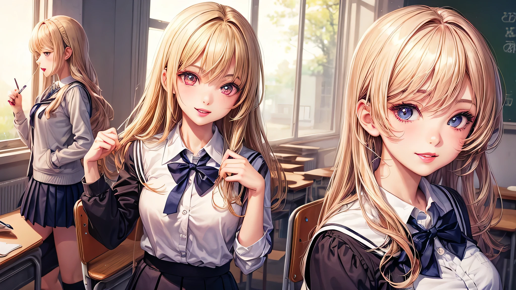 (2 girls:1.2), incredibly beautiful face, compensate, lipstick, enchanting smile, blonde, (school uniform, mini skirt:1.2), (highest quality: 1.4), (Super detailed), (highest quality:1.4), (super detailed), evening, (anime illustration), very high resolution, (Upper body), close up face, (School, classroom), School anime,  anime illustration,