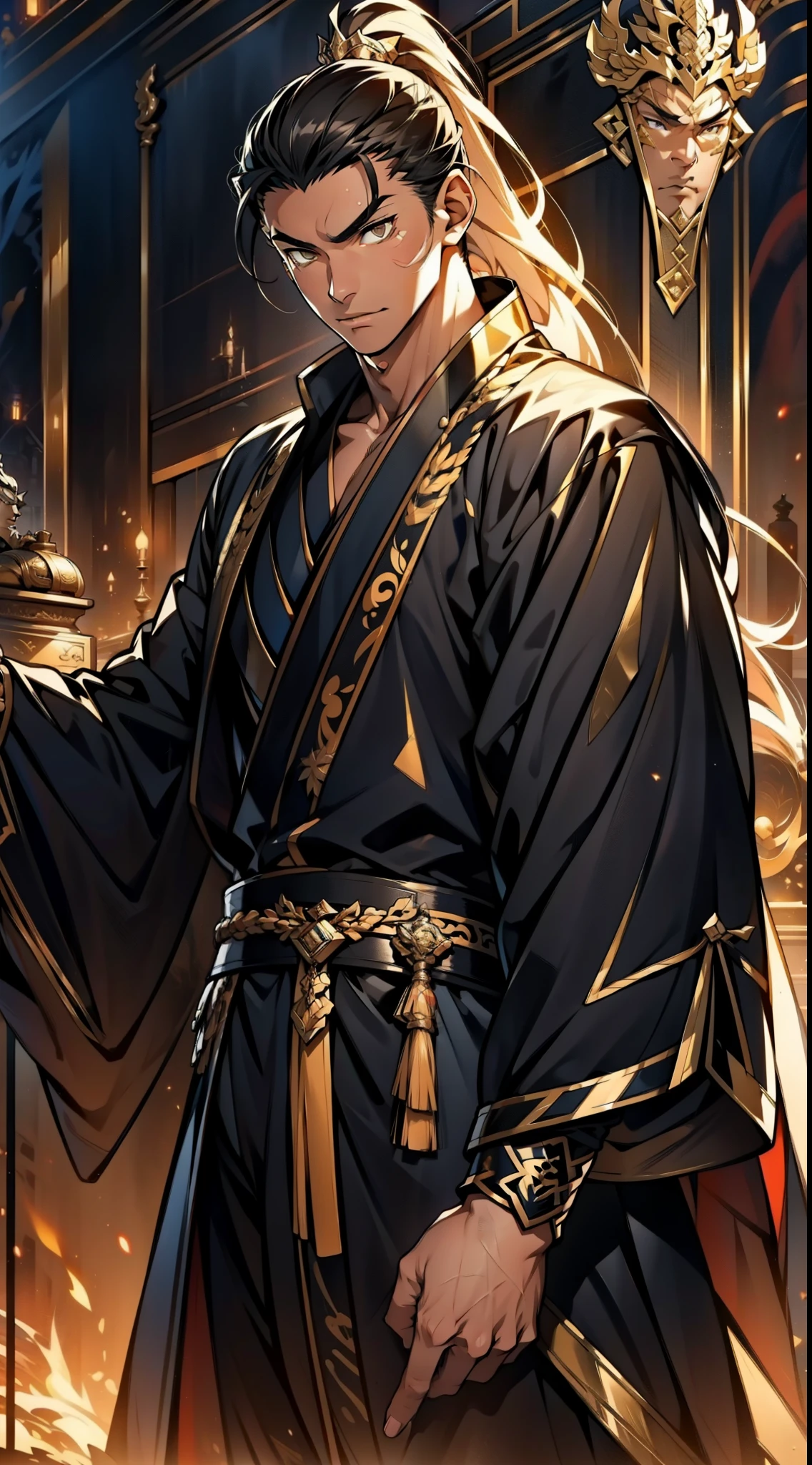 one person（male warrior），proportions are correct，facial details，swordsman，high ponytail hairstyle，neck detail，Have an Adam&#39;s apple，Black and gold robe，joke，Black and gold robe，clothing details，Hand over，long sleeves，Game quality，fencing，Ray tracing，Ray tracing，Detailed glow，CG rendering，hair details，Long black and blond hair，Black-gold eyes，Handsome，Handsome，（Youthful feeling），Costumes are complicated，Perfect composition，refine，high quality，higher details，many details，Complex background，a sense of atmosphere，