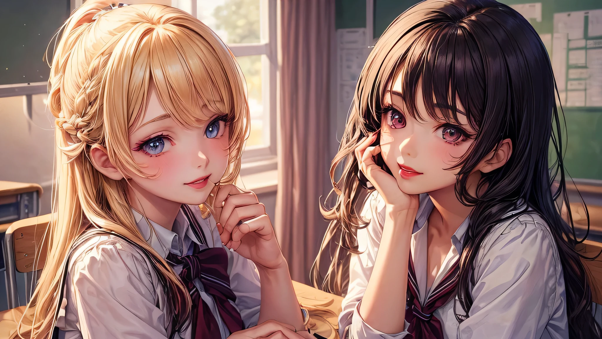 (2 girls:1.2), incredibly beautiful face, compensate, lipstick, enchanting smile, blonde, (school uniform, mini skirt:1.2), (highest quality: 1.4), (Super detailed), (highest quality:1.4), (super detailed), evening, (anime illustration), very high resolution, (Upper body), close up face, (School, classroom), School anime, anime illustration,