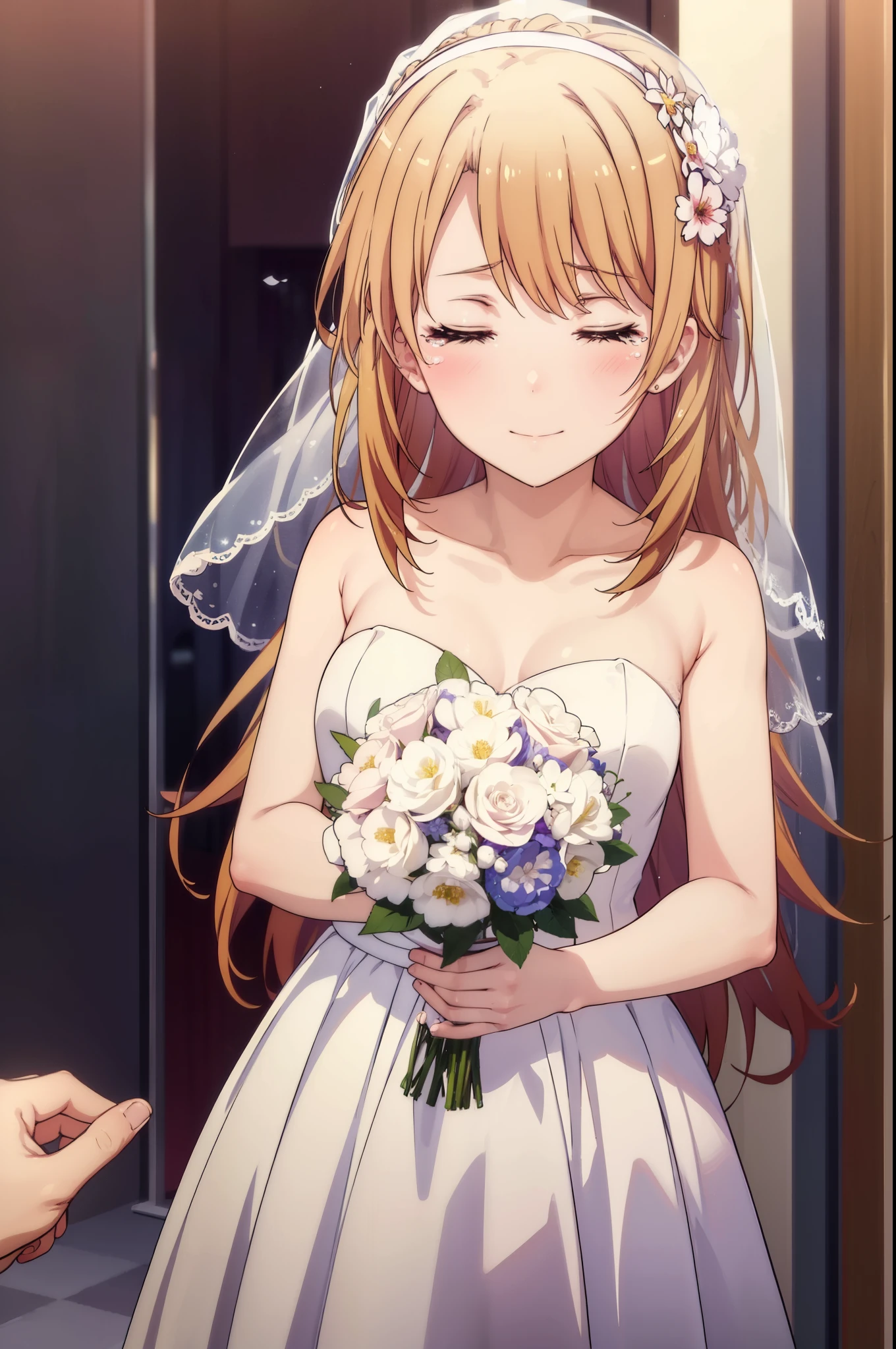 irohaisshiki, iroha isshiki, long hair, brown hair, open your mouth,smile,happy atmosphere,crying with both eyes closed,tears run down her face,Crying with joy,blush,smile, Wedding dress,veil,Wedding Skirts,bouquet,bouquetトス,holding a large bouquet of flowers in both hands,So that the whole body goes into the illustration,Hanabubuki,wedding style, break indoors, church,chapel,
break (masterpiece:1.2), highest quality, High resolution, unity 8k wallpaper, (figure:0.8), (highly detailed face, perfect lighting, Very detailed CG, (perfect hands, perfect anatomy),