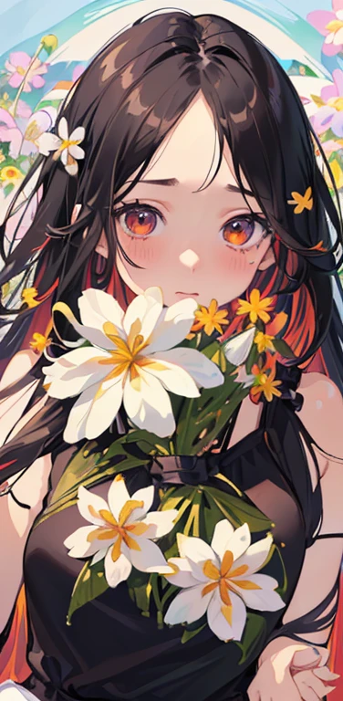 (8K、highest quality、masterpiece:1.2)、Super detailed、super resolution、Realistic、anime:1.2,(1girl)  、(black hair)、long hair,straight hair,red eyes、(forehead:1.3),(face focus,upper body),(white camisole white panties:1.5)、(clear face:1.3),(cute face,blush)、small breasts,(surrounded by many colorful flowers:1.8 ),
