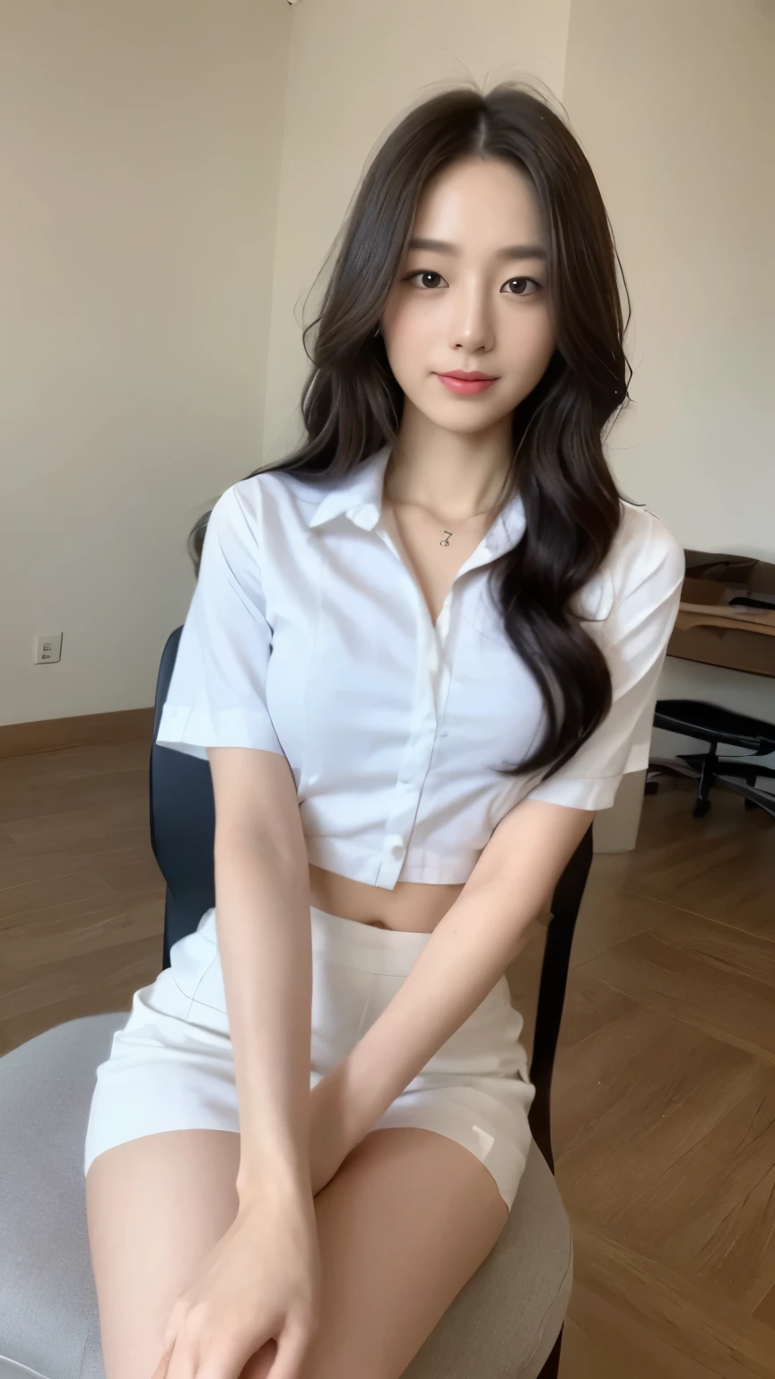 ((top-quality、8k、​masterpiece:1.3))、Beautiful woman with perfect body:1.4、slim abdomen:1.2、Longhair, normal breast, Highly detailed facial and skin texture, A detailed eye, delicate eyes, double eyelid, (smile), (full body shot), ((office)), ((sitting on chair)), ((wearing white uniform)), looking in front