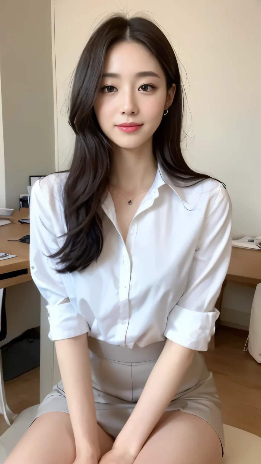 ((top-quality、8k、masterpiece:1.3))、Beautiful woman with perfect body:1.4、slim abdomen:1.2、Longhair, normal breast, Highly detailed facial and skin texture, A detailed eye, delicate eyes, double eyelid, (smile), (full body shot), ((office)), ((sitting on chair)), ((wearing white uniform)), looking in front