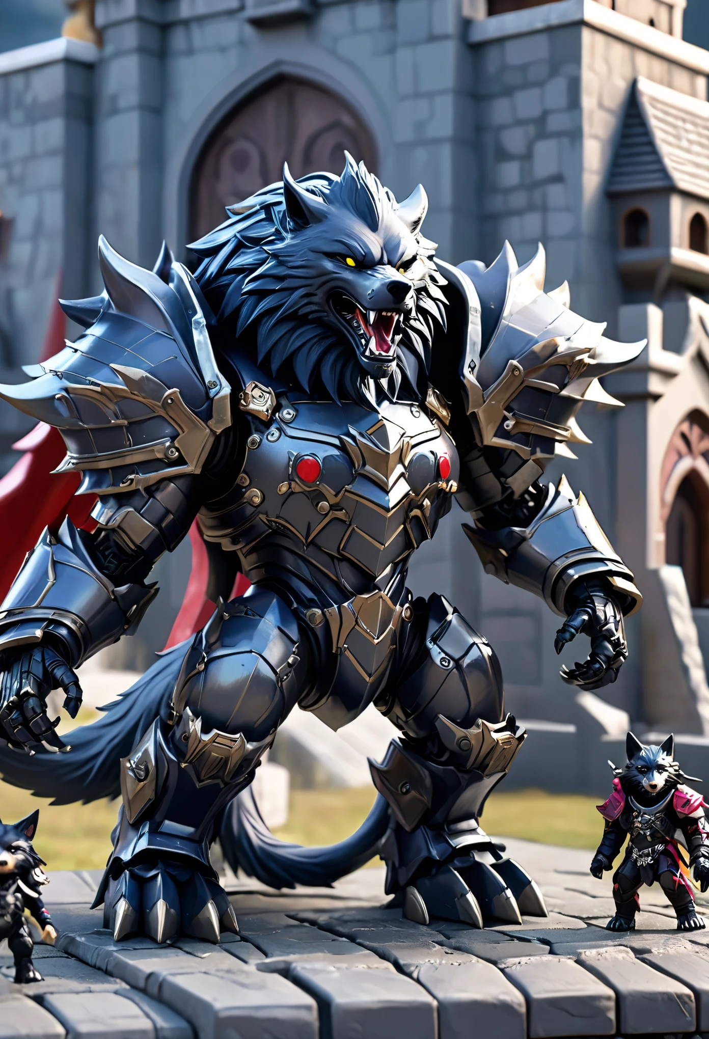 full body Esbian、Courfenrir、Villain Fenrir、armor、Have a Gatling gun、nohuman、There are no people、The Monster、diorama、symple background、Fortress background、masterpiece, Best Quality, Capture super cute moments, depth of fields, ultra-detailliert, Ultra High Resolution, Octadale, 8K, 16 K