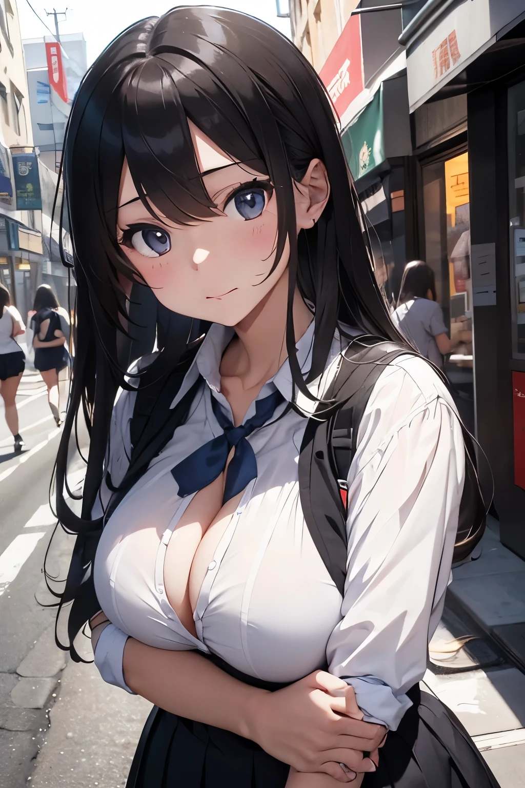 illustation, there are two women hugging each other on the street, arm around her neck, wearing school uniform, huge tits, huge chest, huge breast, looking her shoulder, woman holding another woman