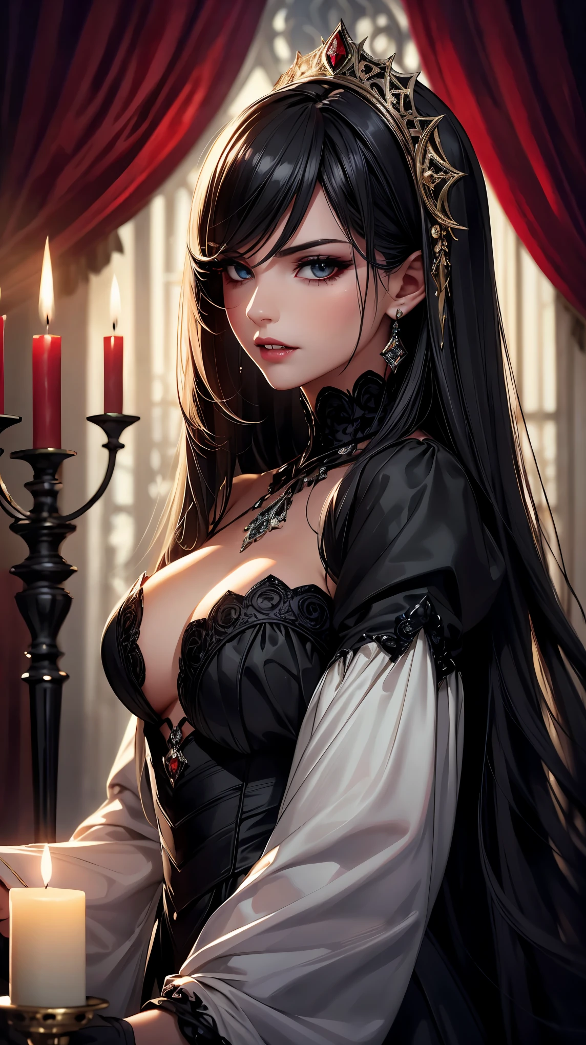 (highest quality,High resolution:1.2),vampire,detailed and beautiful eyes,luscious lips,luxurious appearance,white skin,Flowing black hair,Dark Mysterious Atmosphere,ornate victorian costumes,sharp fangs,seductive charm,elegant posture,sharp gaze,Moonlit settings,Elegant and sophisticated style,Subtle nuances of light and shadow,Color palette of deep burgundy and rich black,twinkling candle light,artistic brush strokes,unforgettably beautiful,highly realistic rendering,A captivating masterpiece.