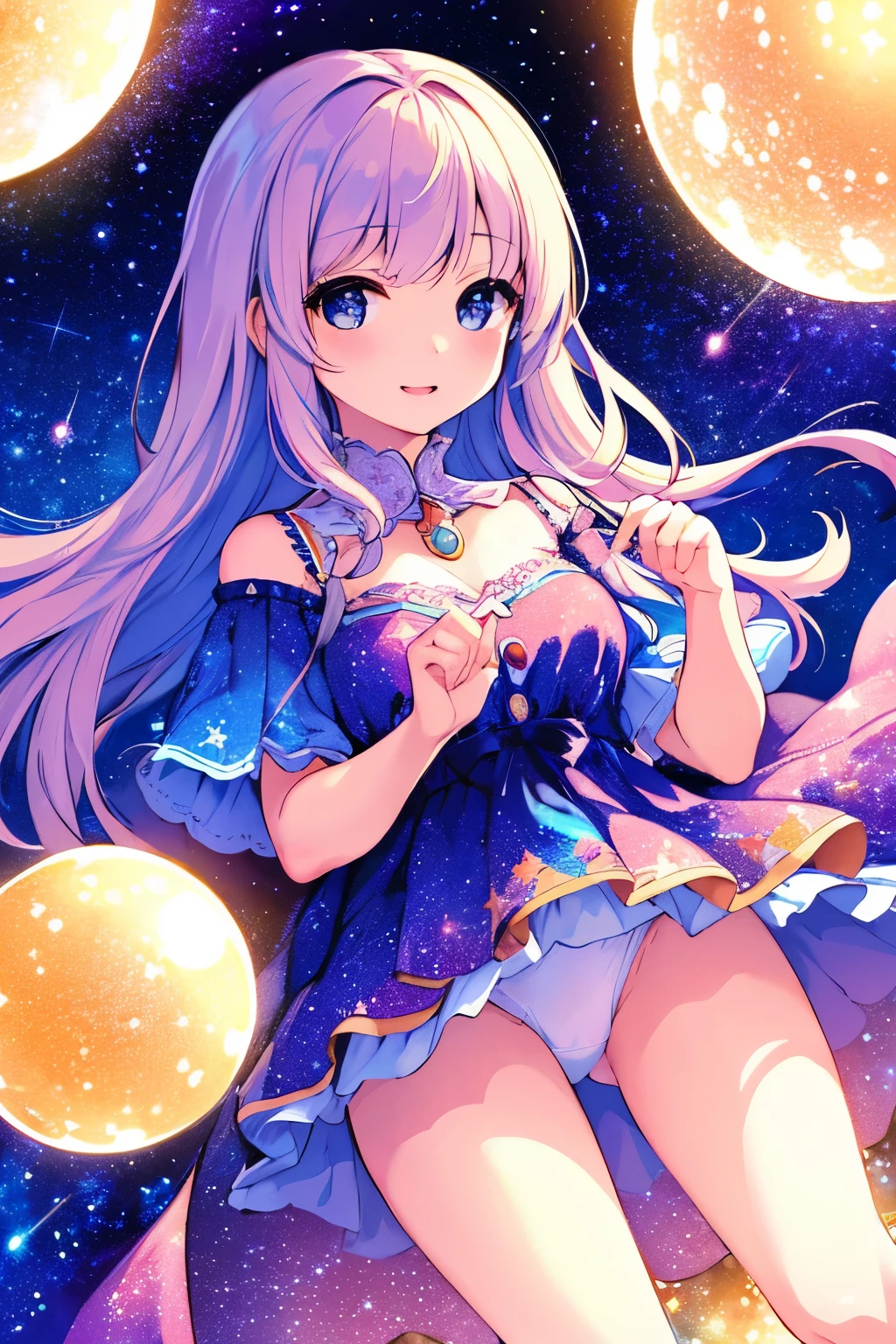 High detail, super detail, super high resolution, girl enjoying her time in the dream galaxy, surrounded by stars, warm light sprinkled on her, background is starry sky with colorful galaxies and galaxy clouds, stars flying around her, delicate face, adding playful atmosphere ,