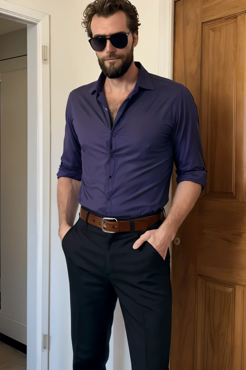 A 7'1" tall man walked inside the house after unlocking the door with his keys. He was extremely handsome with his beard and his messy hair. Right now, he was coming home from work, so he was wearing a black button-up with fit him perfectly and got a little tight at his chest area and was tucked into his black dress-pants, held up at his slim waist with a belt. On his feet, he wore shiny leather boots, which reached up half of his shin. He was wearing his blue-purple-tanned sunglasses as always