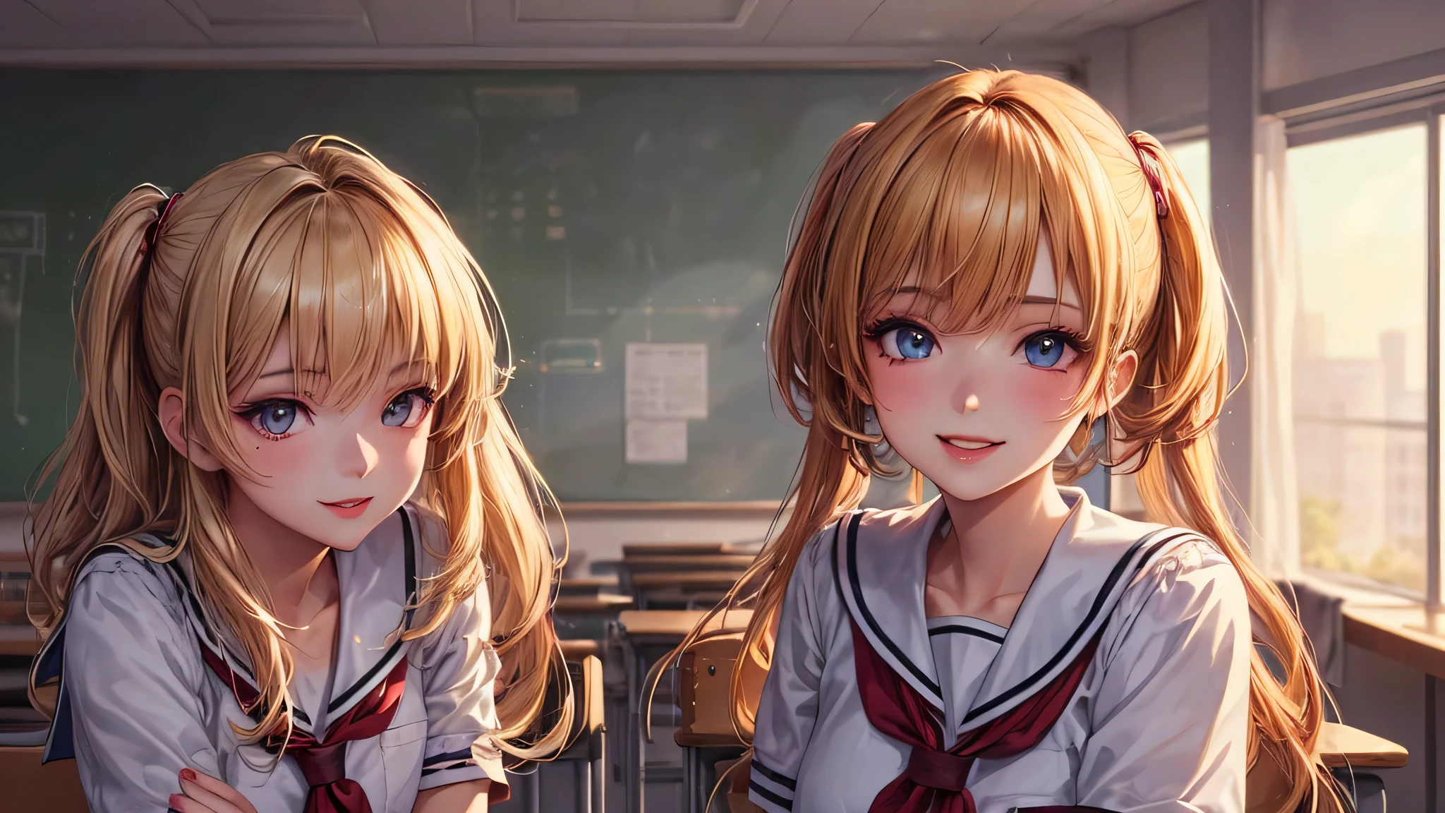 (2 girls:1.2), incredibly beautiful face, compensate, lipstick, enchanting smile, blonde, (school uniform, mini skirt:1.2), (highest quality: 1.4), (Super detailed), (highest quality:1.4), (super detailed), evening, (anime illustration), very high resolution, (Upper body), close up face, (School, classroom), School anime, anime illustration,