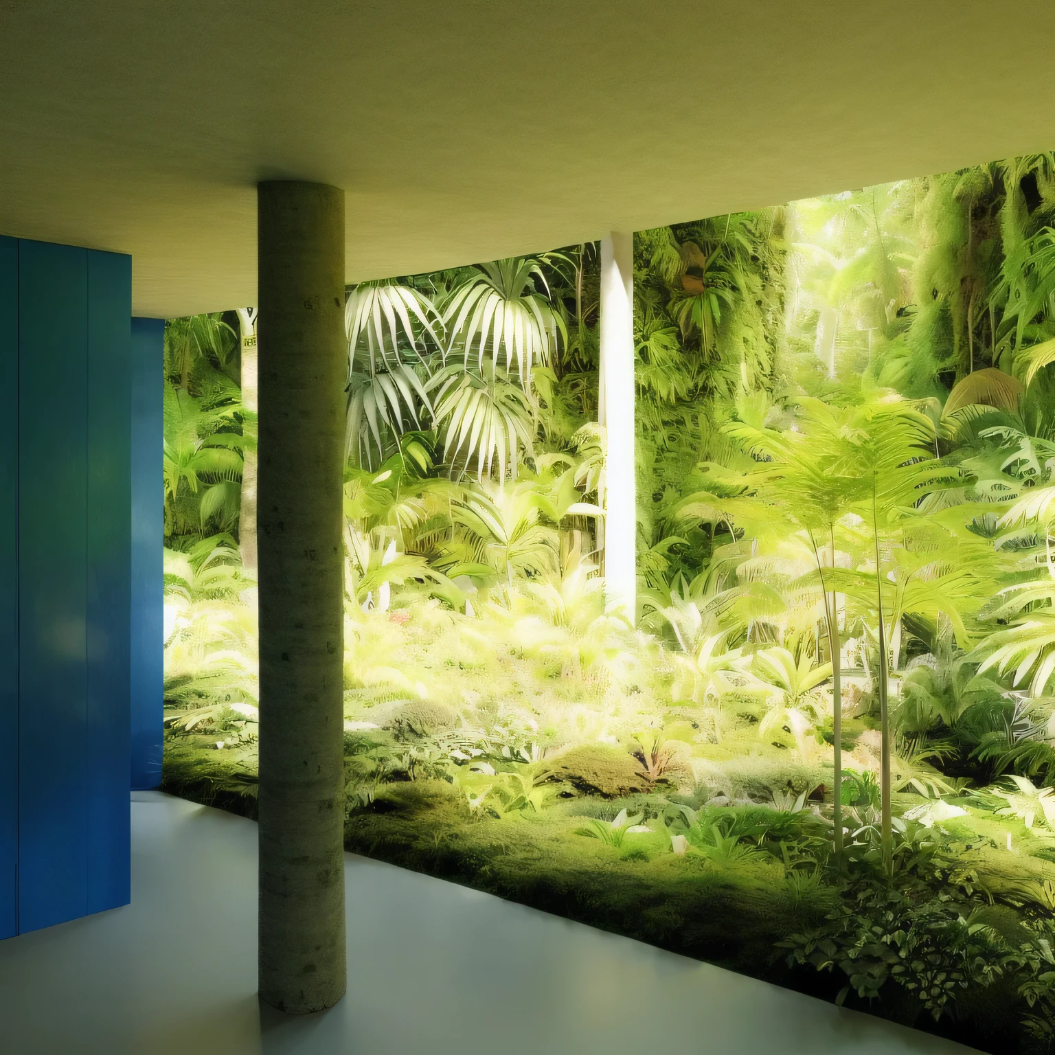 there is a blue door in a room with a view of a jungle, lush vegetation in the center, vibrant greenery outside, inspired by Tadao Ando, vegetal architecture, green terrace, with lots of vegetation, in a jungle environment, lush surroundings, archdaily, dense with greenery, tropical forest, landscape is lush, in a tropical forest, nature meets architecture