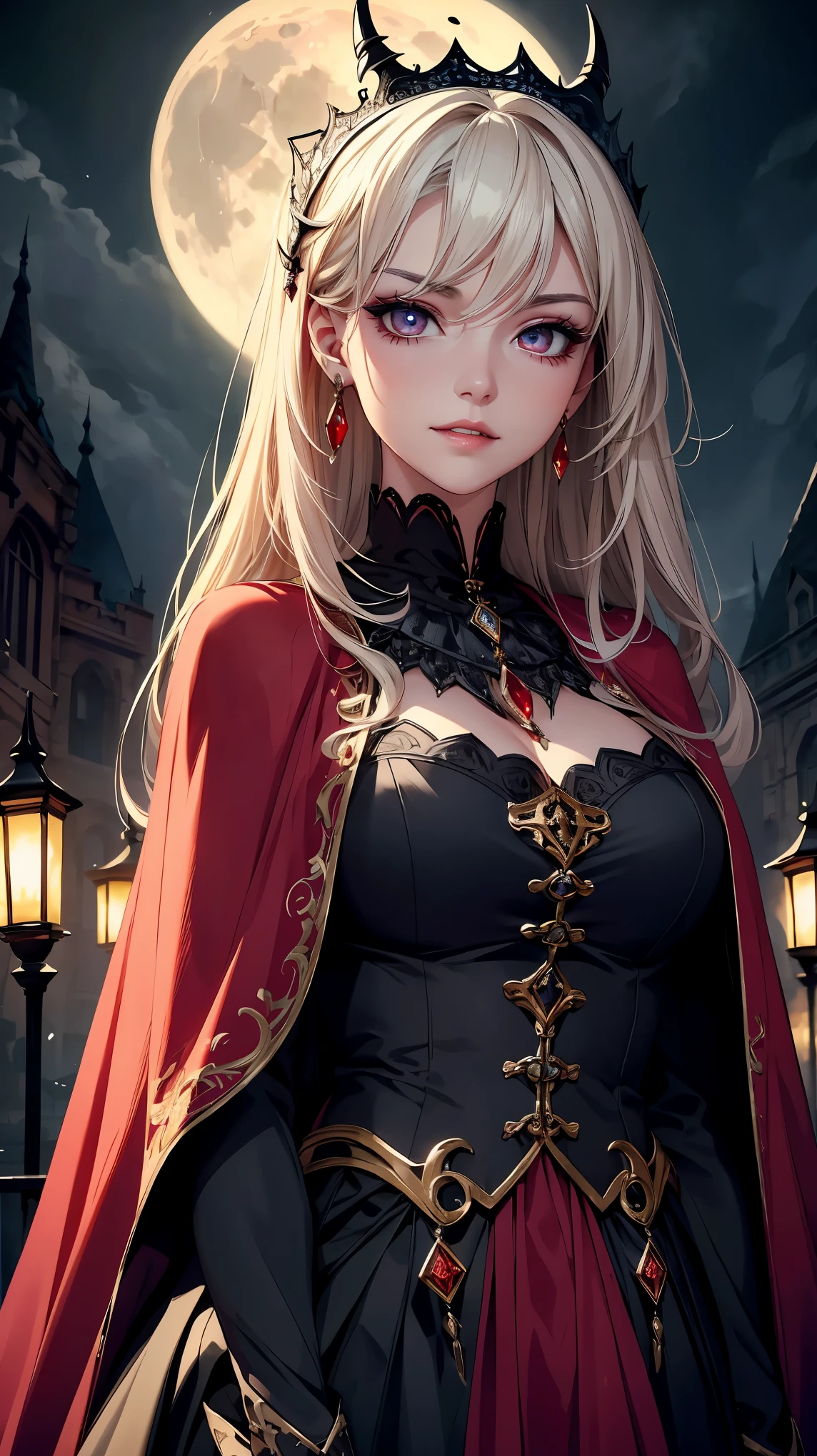 (highest quality、High resolution、masterpiece:1.2)、Super detailed、beautiful detailed eyes、beautiful detailed lips、highly detailed eyes and face、long eyelashes、noble and elegant vampire king、Bright colors、pale skin、sharp fangs、sharp gaze、fine clothes、gorgeous jewelry、dark red velvet cape、dramatic lighting、unforgettable atmosphere、a moonlit night、Dark castle in the background、ominous shadow、subtle and mysterious smile