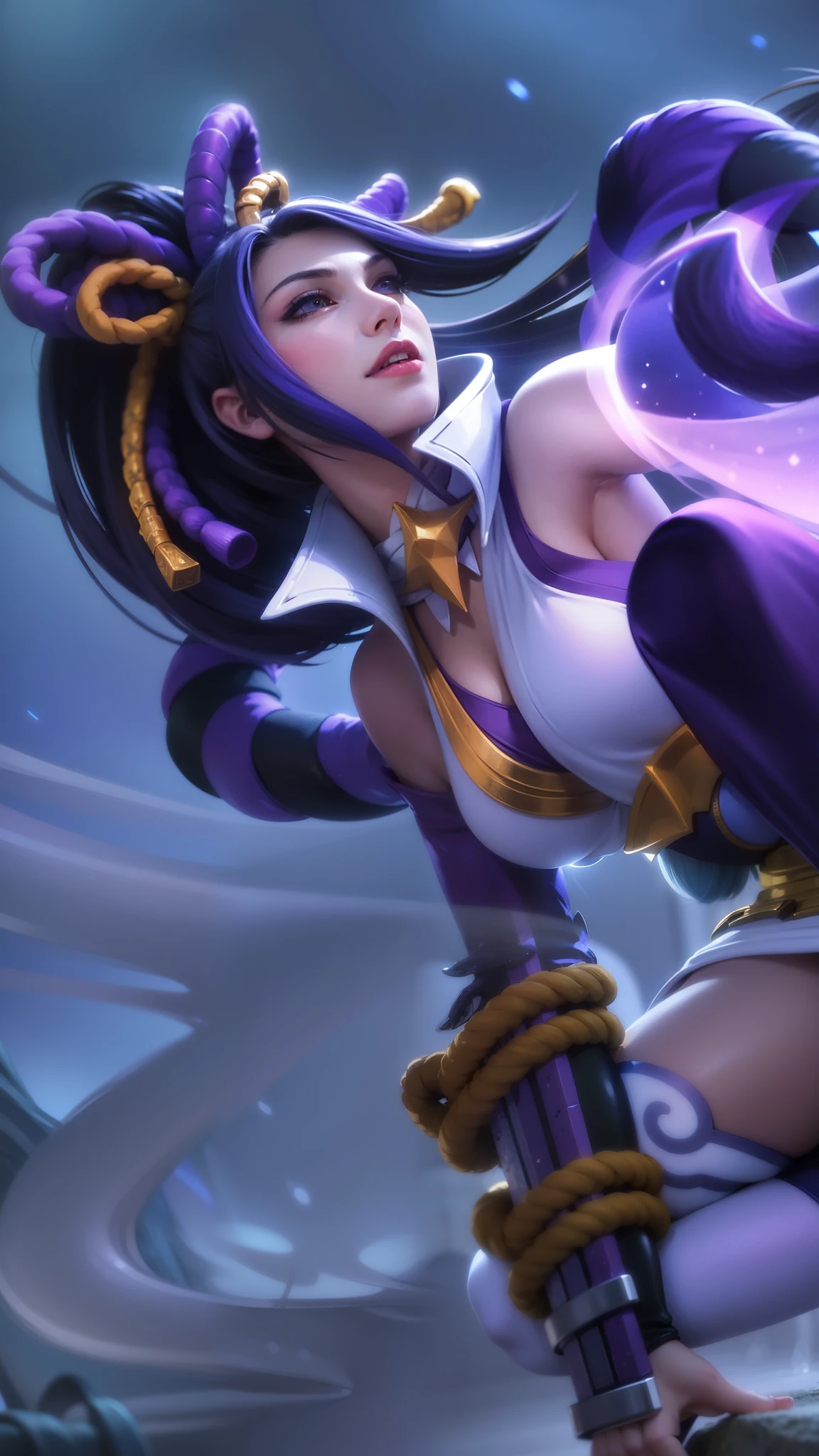 (female:1.2), 8k, ultra hd, ultra detailed texture, hyper realistic, masterpiece, detailed texture, detailed face, detailed skin, detailed lighting, (photorealistic:1.5), best quality, beautiful lighting, cinematic lighting, professional lighting, ultra highres, realistic, detailed hair, real hair, high quality, (realskin:1.5), extremely detailed, finely detail, ultra-detailed, 1girl, solo, elf, pointy ears, standing, demon horns, forehead protector, v-shapped eyebrow, lips, red lips, evil smile, nose, make up, pretty, beautiful, cute face, long hair, black hair, high ponytail, large breasts, cleavage, armpit, navel, stomach, black armor, pauldrons, bare shoulders, shoulder armor, thigh high, sleevless, detached sleeves, breastplate, gauntlets, karina \(mobile legends\), depth of field, looking aways, white skin, skin tight, amazing pose, outdoors, glowing, dark view.
