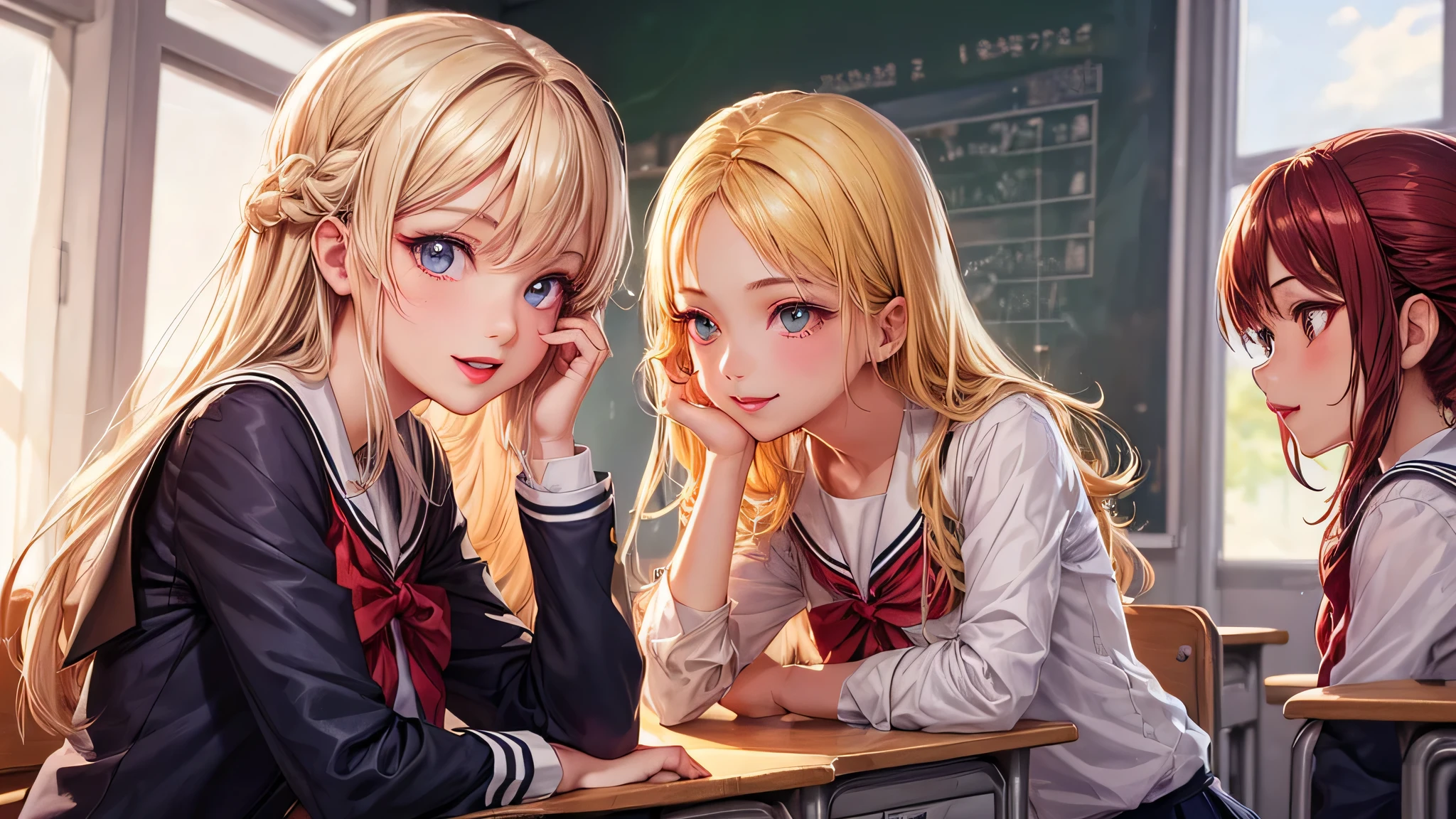(2 girls:1.2), incredibly beautiful face, compensate, lipstick, enchanting smile, blonde, (school uniform, mini skirt:1.2), (highest quality: 1.4), (Super detailed), (highest quality:1.4), (super detailed), evening, (anime illustration), very high resolution, (Upper body), close up face, (School, classroom), School anime, anime illustration,