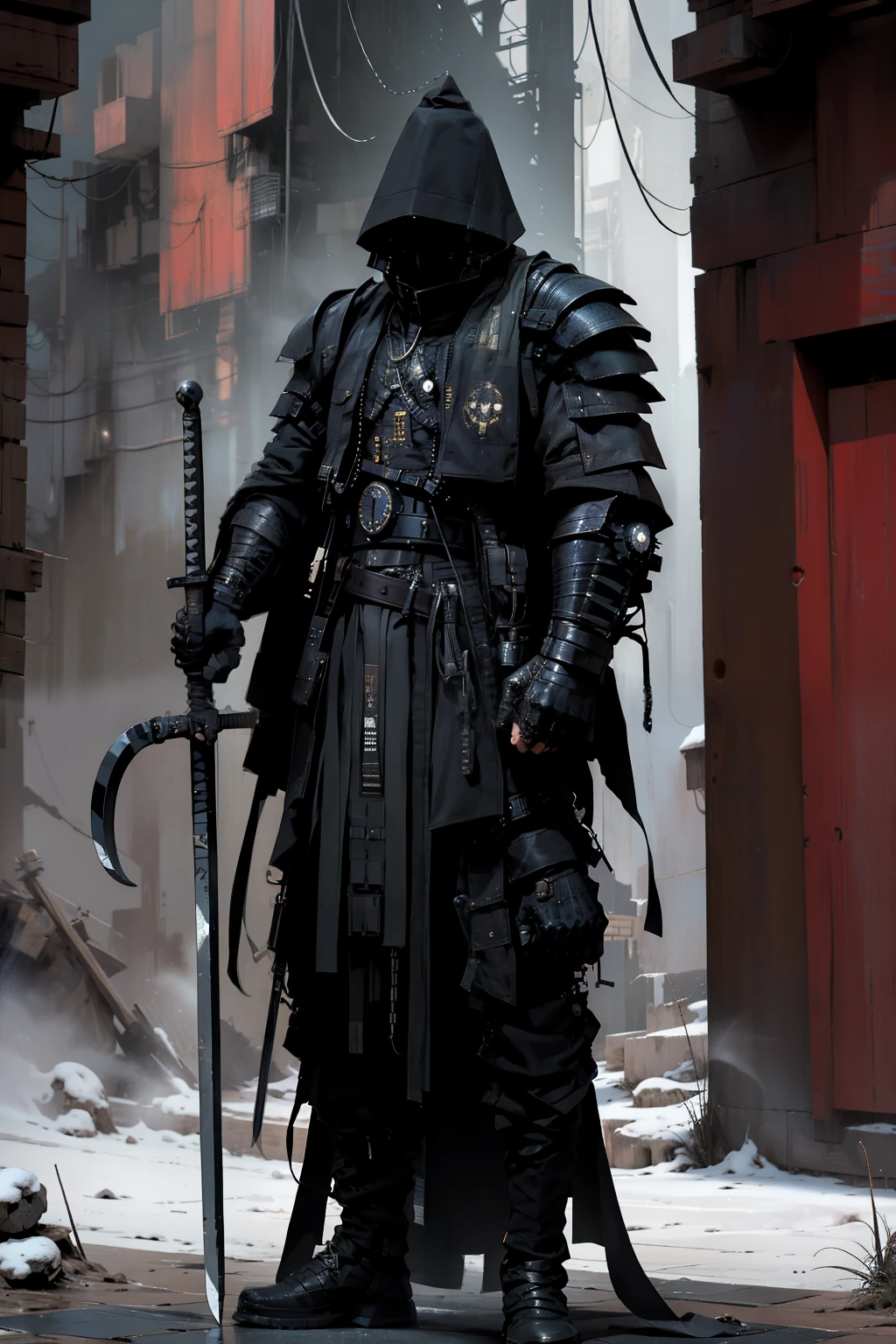In the heart of a gritty, retrofuturistic film set in a post-apocalyptic world, The Knight of Darkness, a bipoc figure of power and mystery, comes to life. He stands tall and firm, his perfect burning eyes gleaming with an unyielding determination. The Knight is dressed in an ornate and ancient armor set, its details intricately etched with the patina of time. A hood covers his head, concealing his identity, leaving only his piercing gaze visible.

In one hand, he grasps the menacing handle of his scythe - its blade glowing ominously in the dim, foggy scene. The cinematic fire