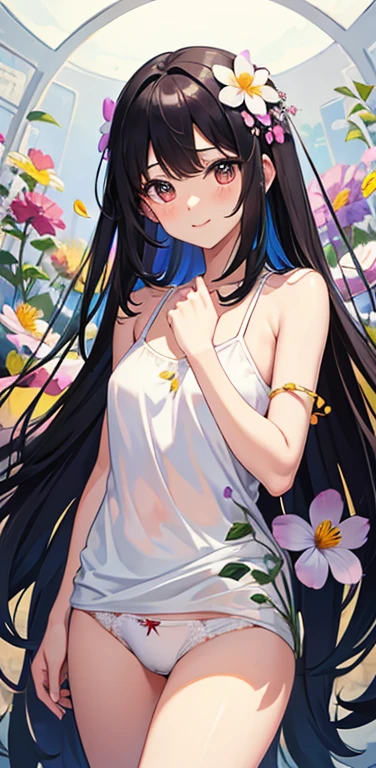 (8K、highest quality、masterpiece:1.2)、Super detailed、super resolution、Realistic、anime:1.2,(1girl) 、(black hair)、long hair,straight hair,red eyes、(forehead:1.3),(face focus,upper body),(white camisole white panties:1.5)、(light smile:1.3),(cute face,blush)、small breasts,(surrounded by many colorful flowers:1.8 ),