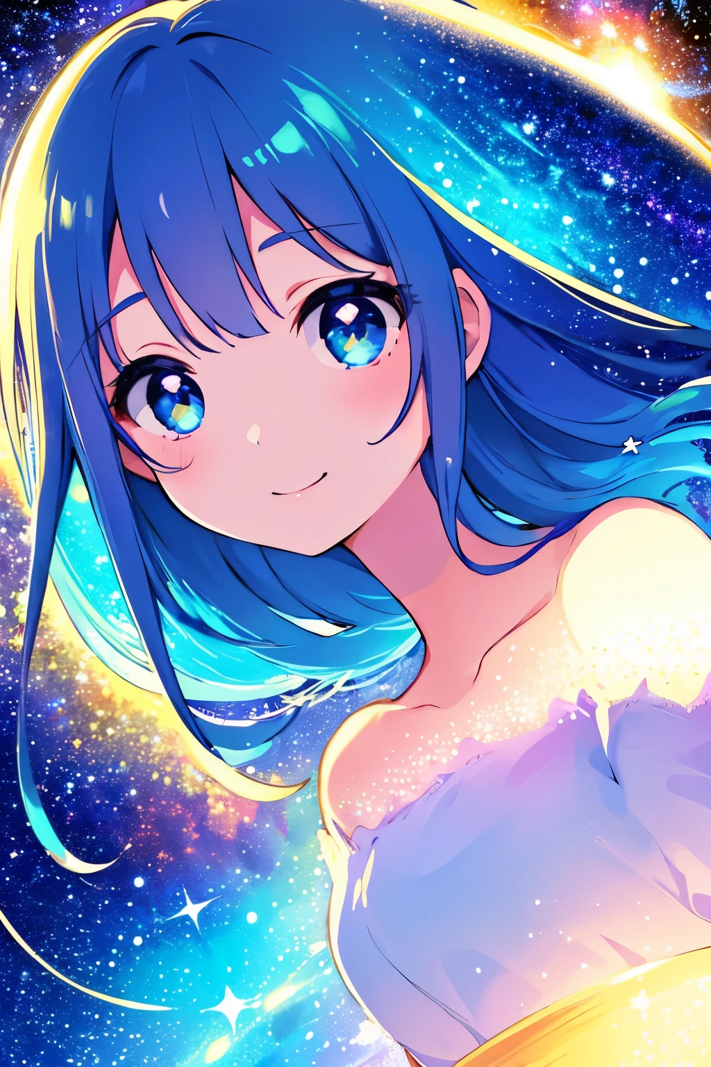 High detail, super detail, super high resolution, girl enjoying her time in the dream galaxy, surrounded by stars, warm light sprinkled on her, background is starry sky with colorful galaxies and galaxy clouds, stars flying around her, delicate face, adding playful atmosphere ,