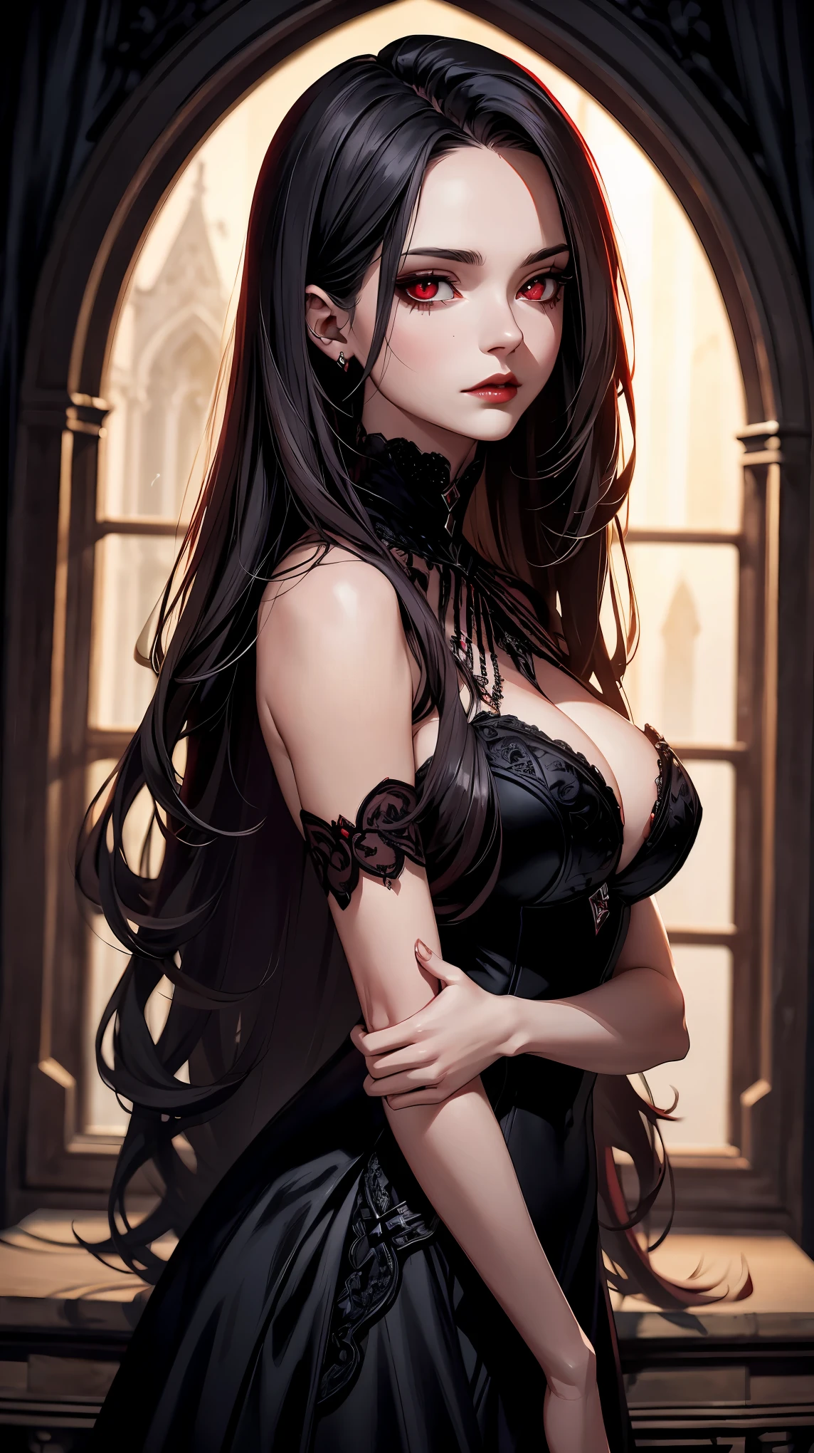 An elegant, ethereal vampire woman with piercing red eyes, long flowing dark hair, and pale, flawless skin. She is dressed in a luxurious, Gothic-inspired gown made of black velvet. Her sensual lips are painted a deep, blood-red color. The atmosphere is filled with an eerie, moonlit glow, casting mysterious shadows across the scene. The artwork is created using a combination of traditional oil painting and digital illustration techniques, resulting in a hauntingly beautiful portrait. The colors are rich and intense, with a dark, moody palette dominated by deep purples, velvety blacks, and hints of crimson. The lighting is dramatic, emphasizing the vampire woman's delicate features and adding an additional layer of mystique to the scene. The final image is of the highest quality, with intricate details, realistic textures, and a captivating sense of depth.