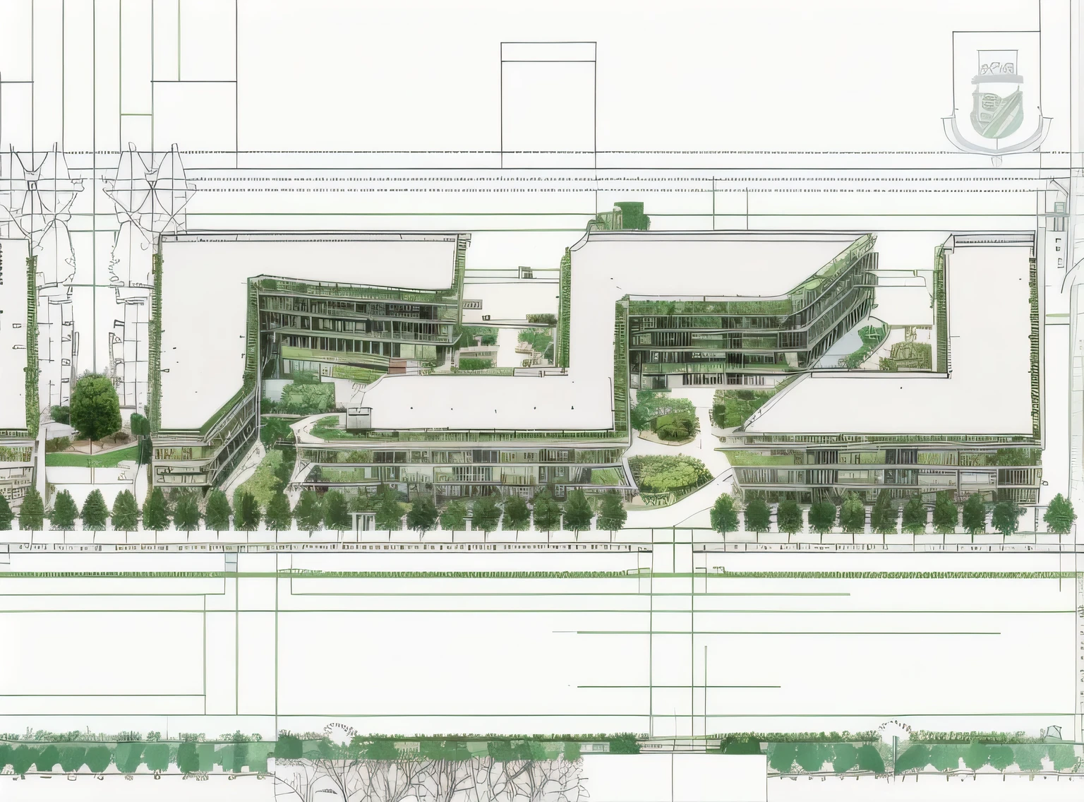 a drawing of a building with a lot of trees and a lot of buildings, hq very detailed, extremely highly detailed, detailed digital illustration, hyperdetailed illustration, high resolution details, higher detailed illustration, elevation view, highly detailed illustration, medical research facility, highly realistically detailed, high detailed illustration, super highly detailed, extremely high level of detail, high detail illustration