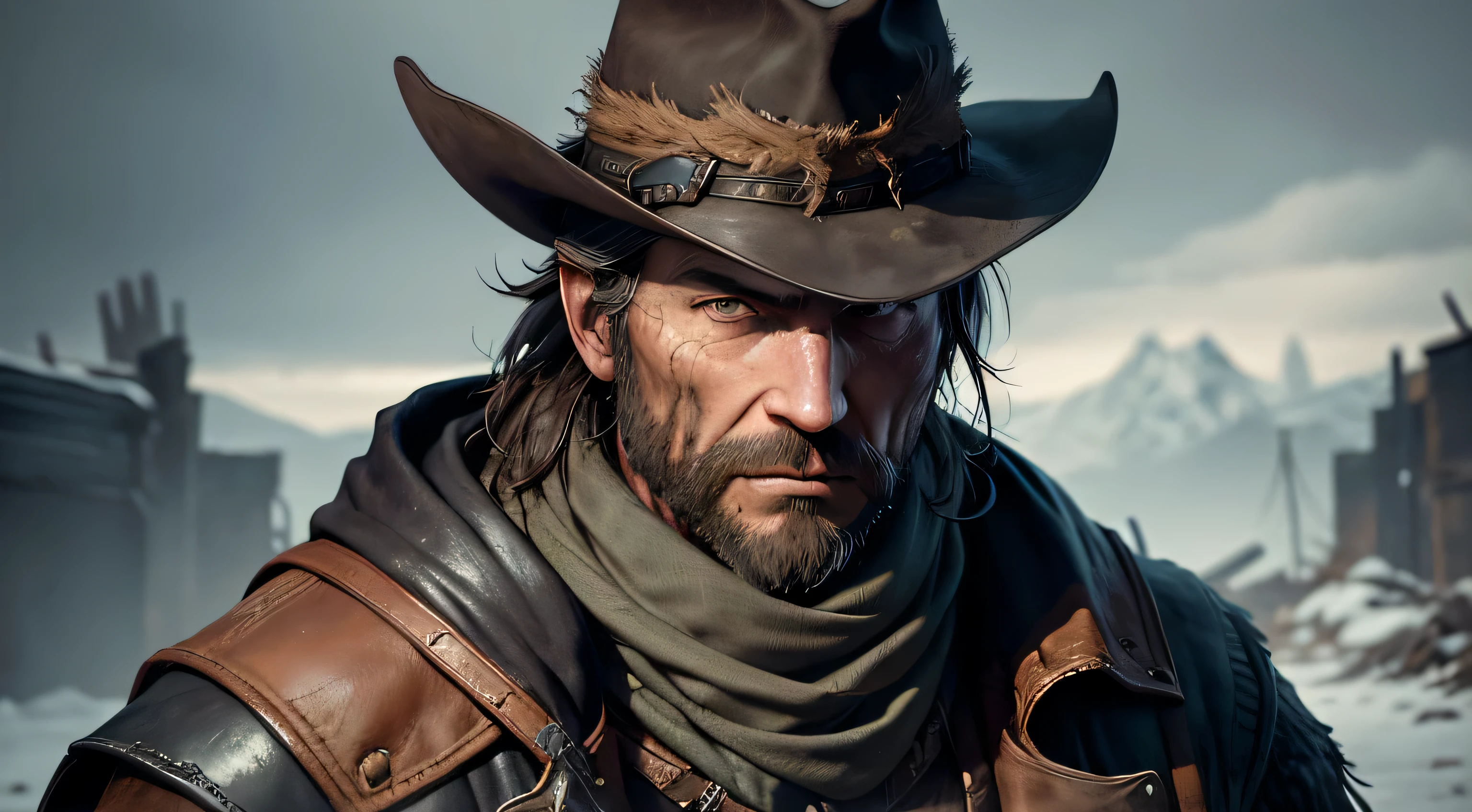 there is a man wearing a hat and a scarf, portrait of a bloodborne hunter, maxwell render, character with a hat, portrait of a rugged ranger, post - apocalyptic cowboy, postapocalyptic explorer, unreal 5. rpg portrait, 8k portrait render, rugged male ranger, dark hat, black stetson and coat, highly detailed character, unreal engine character art