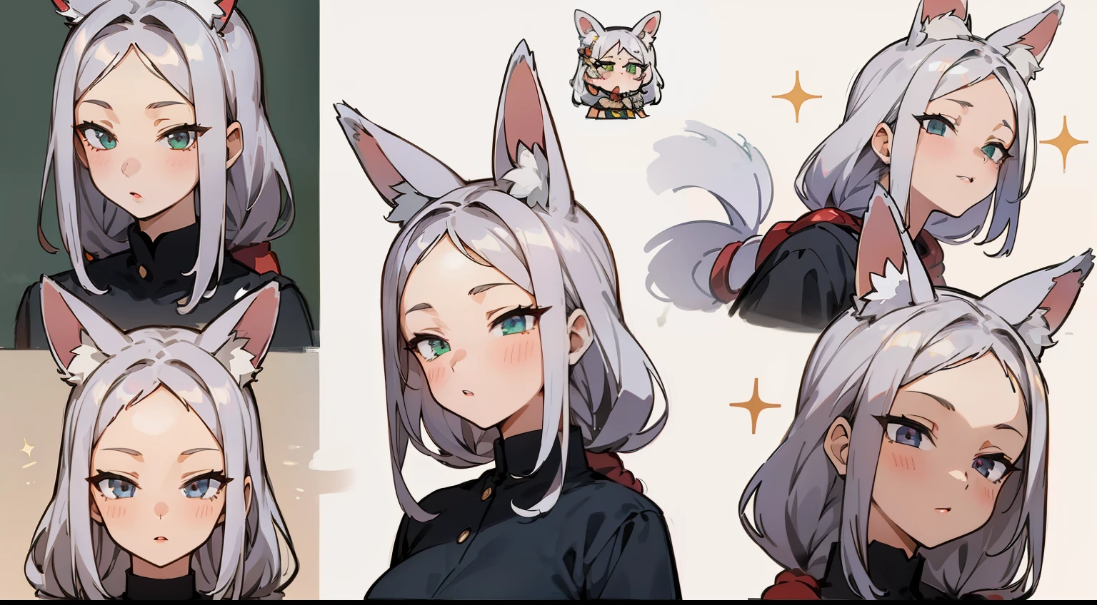(Masterpiece, Highest quality)), ((Tsurime)),Detailed face, character sheets, full bodyesbian, 1girls,shoun,children's,Babe,green eyes, White hair, varied hairstyles, hair between eye, Black loose blouse, Full of details, poses and expressions, Highly detailed, Depth, Many parts a graceful wild rabbit girl with silver hair, sparkling eyes, delicate skin, crimson lips, furry ears, fluffy tails,