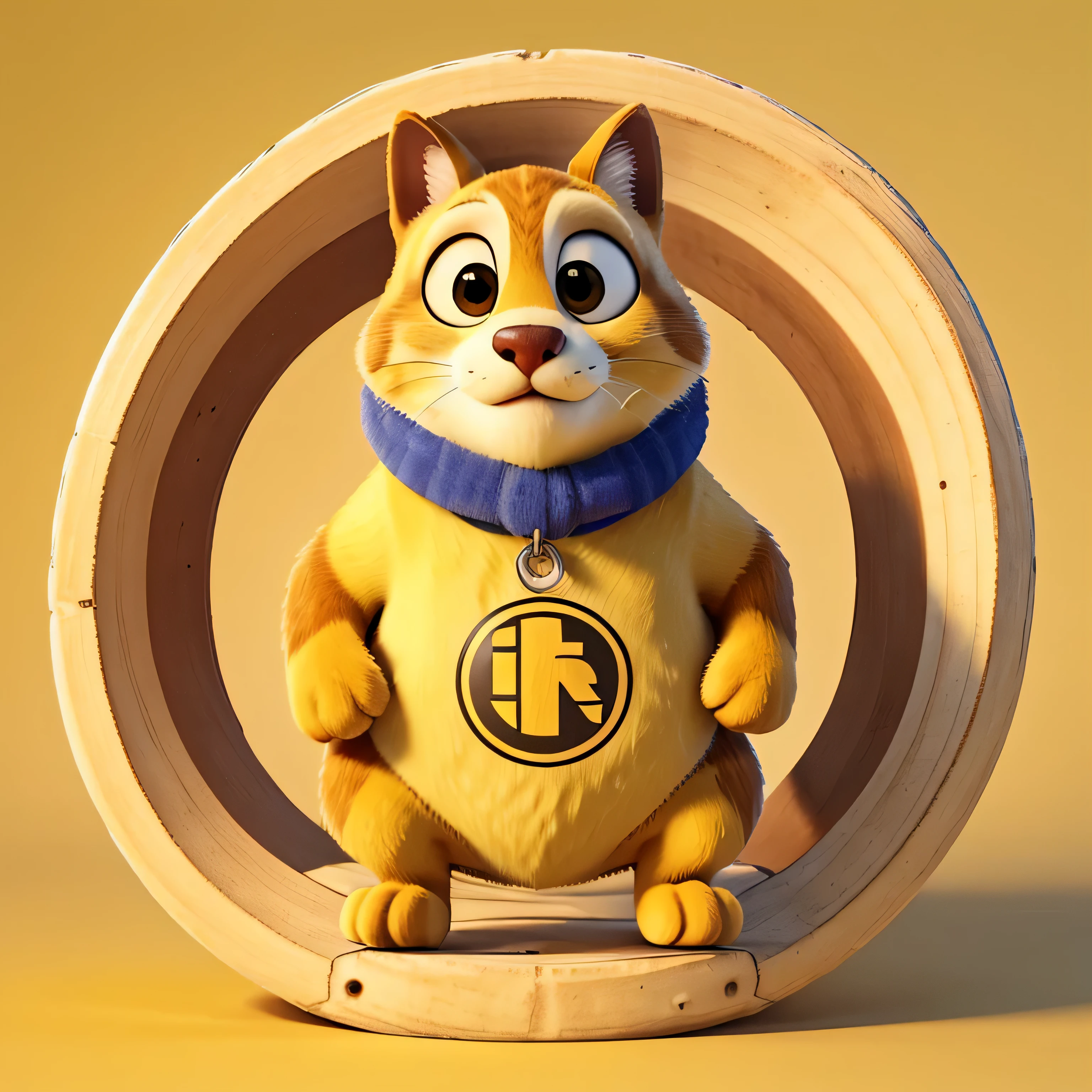 Round logo with a random animal in the middle. Solid yellow color behind him.