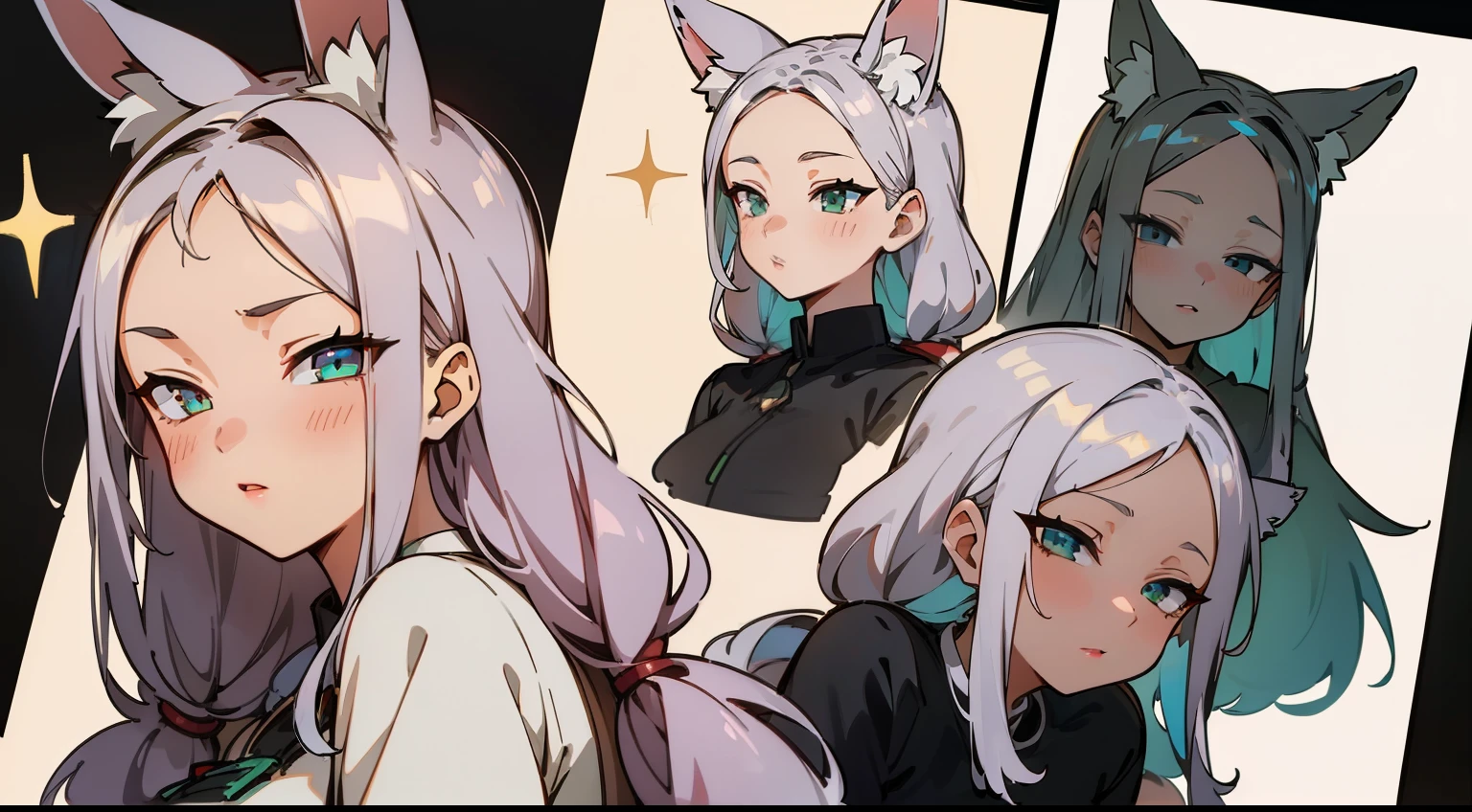 (Masterpiece, Highest quality)), ((Tsurime)),Detailed face, character sheets, full bodyesbian, 1girls,shoun，children's，Babe，green eyes, White hair, varied hairstyles, hair between eye, Black loose blouse, Full of details, poses and expressions, Highly detailed, Depth, Many parts a graceful wild rabbit girl with silver hair, sparkling eyes, delicate skin, crimson lips, furry ears, fluffy tails,

