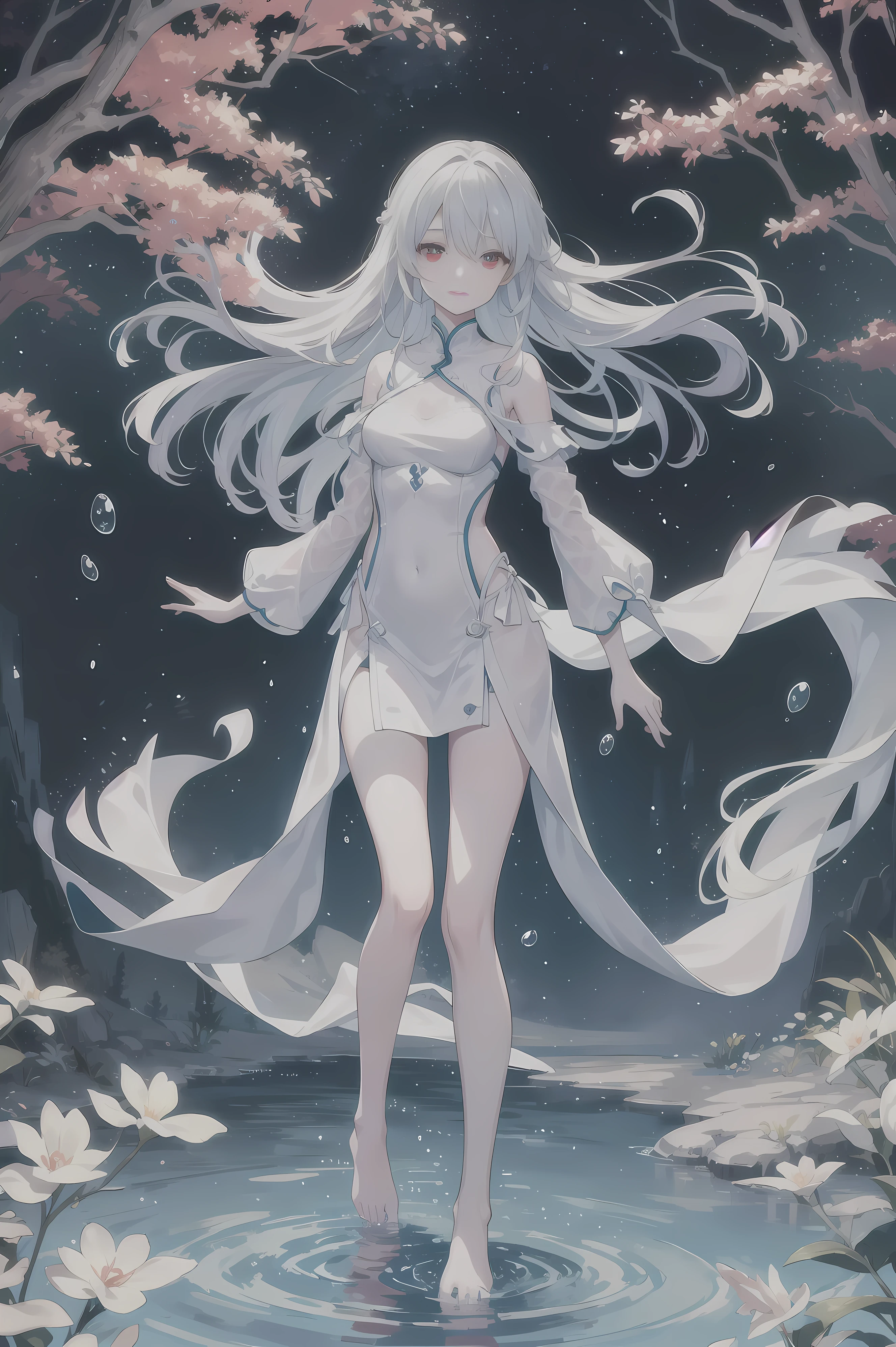 Dreamy beautiful moonlight in dark forest。View of a 15-year-old girl from above。(wet silver hair and red eyes)。smile slightly。She only wore a long transparent white cloth,It has beautiful lace trim on it。Soak the cloth in water。(splashing in the dark forest lake at night)。(Hair or clothes are wet)。splash。Wet hair。Dripping water droplets。梦幻般的萤火虫在空中float、Light also reflects from water。near method and far method。Glitter effect。Dynamic composition with depth。extremely high quality、high level of image quality、extremely refined。Rare workmanship,round,Room, firm breasts),barefoot,float,water surface,(long legs,long legs,long legs,Gestalt),full-body shot。standing posture