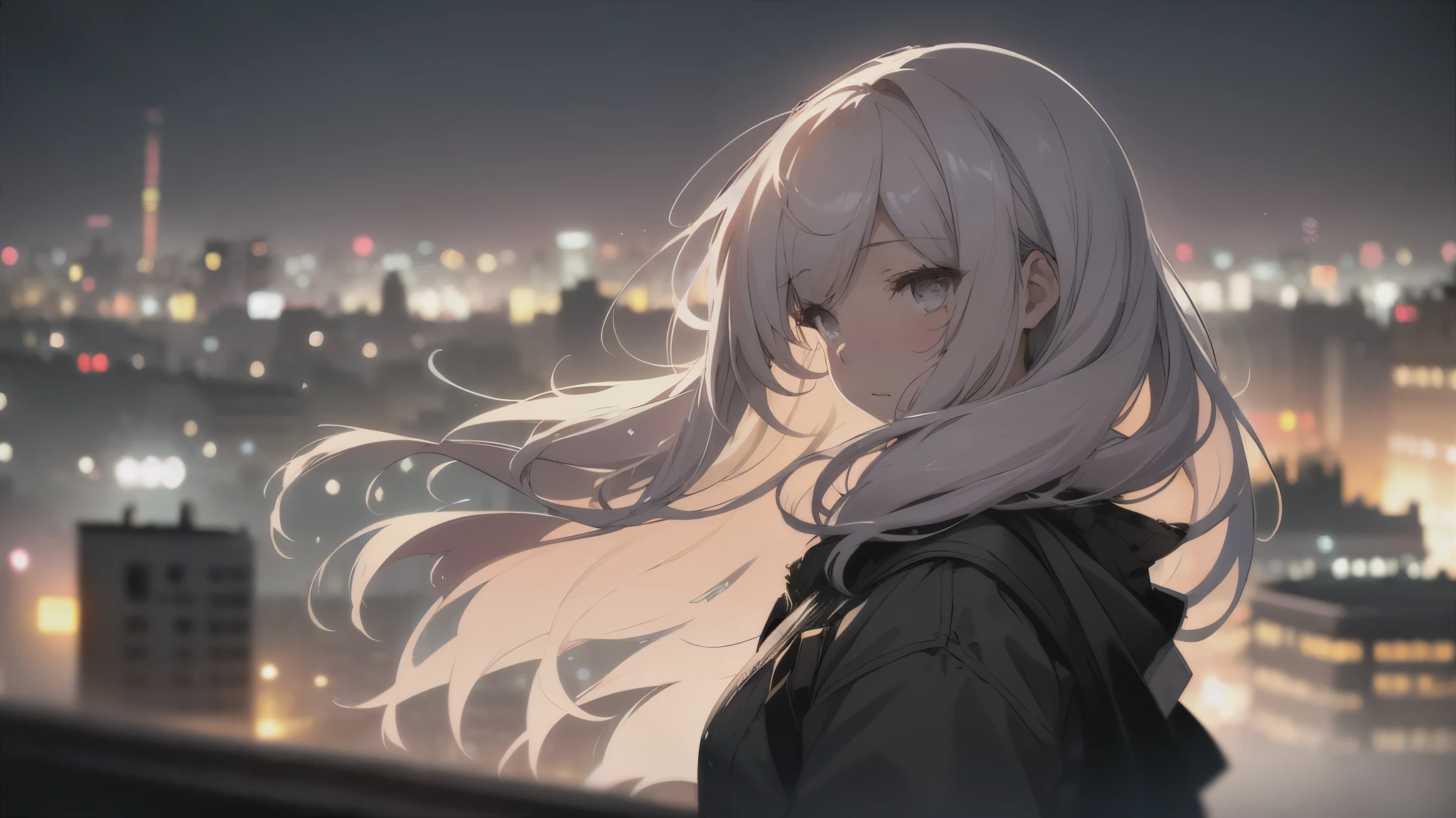 Beautiful night view of the city,一个女孩在Roof上演奏小提琴,a girl, Bokeh, depth of field, blurred background, light particles, Strong wind,Roof,Loose hair
