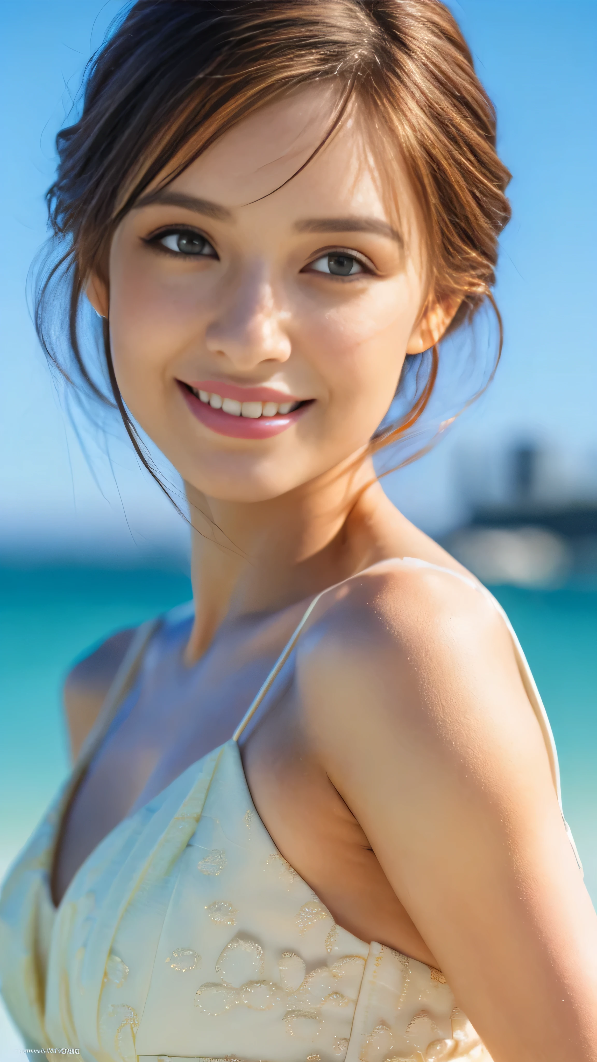 (highest quality、8K、32k、masterpiece)、(RAW Photos)、(Realistic)、(High resolution)、Very detailed、Very beautiful face and eyes、1girl,bikini、Beach、blue sky、cloud、summer、Palm tree、(Upper Body), (Shiny Hair, Shiny skin), (Bokeh), Eye Reflexes, (Smile and laugh:1.3),bangs、Hair in the wind