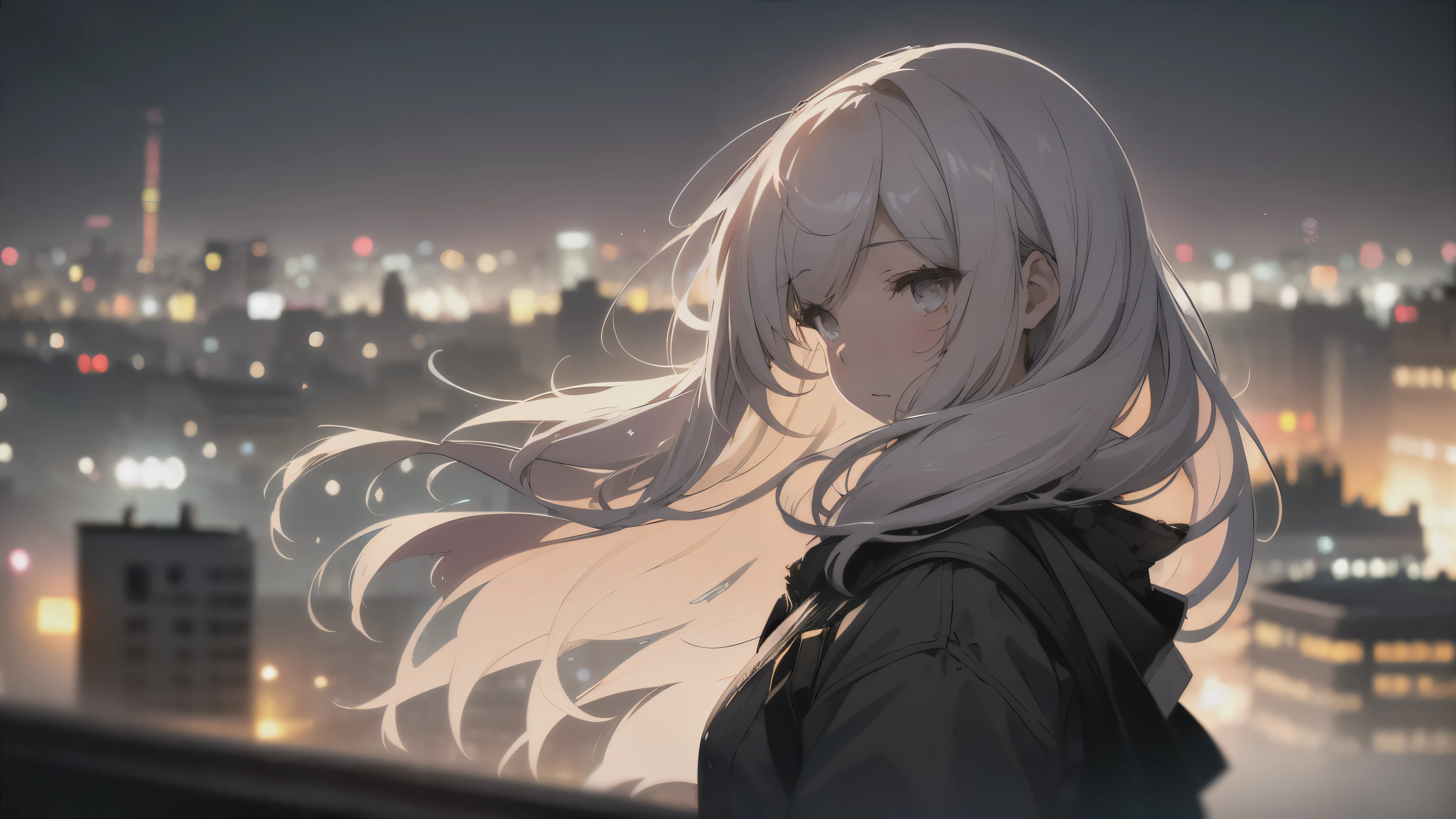Beautiful night view of the city,一个女孩在roof上演奏小提琴,a girl, Bokeh, depth of field, blurred background, light particles, Strong wind,roof,loose hair