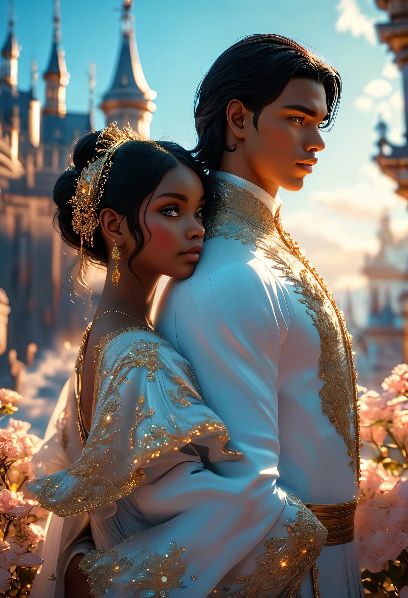Novel in celestial landscape, a beautiful young darkskin couple with (((a short black hair young judge))) with (((a young imperial duke with long black hair))), with desire, hot couple, (((very beautiful))), perfect faces, whole body, romantic scene, romantic Way, sexy couple, 8K, extremely detailed, (high quality, realistic, photorealistic: 1.37), Full body, ideal proportions and defined complexion, meticulously crafted features, unreachable beauty, perfection, artistic masterpieces, vivid realism, hyper-detailed sculptures, life-like forms, truly awe-inspiring, impeccable craftsmanship, pure radiance, ethereal beauty, delicate contours, striking poses, sublime beauty, subtle nuances, dynamic compositions, vibrant colors, perfect lighting, soulful expressions, celestial aura, majestic presence, dreamlike atmosphere, unmatched gdetailed octane render trending on artstation, 8 k artistic photography, photorealistic concept art, soft natural volumetric cinematic perfect light, chiaroscuro, award - winning photograph, masterpiece, oil on canvas, beautiful detailed intricate insanely