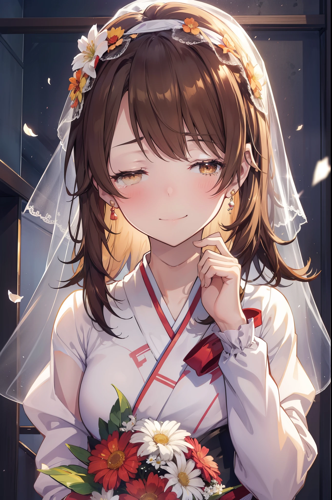 irohaisshiki, iroha isshiki, long hair, brown hair, open your mouth,smile,happy atmosphere,crying with both eyes closed,tears run down her face,Crying with joy,blush,smile, Wedding dress,veil,Wedding Skirts,bouquet,bouquetトス,holding a large bouquet of flowers in both hands,So that the whole body goes into the illustration,Hanabubuki,wedding style, break indoors, church,chapel,
break (masterpiece:1.2), highest quality, High resolution, unity 8k wallpaper, (figure:0.8), (highly detailed face, perfect lighting, Very detailed CG, (perfect hands, perfect anatomy),