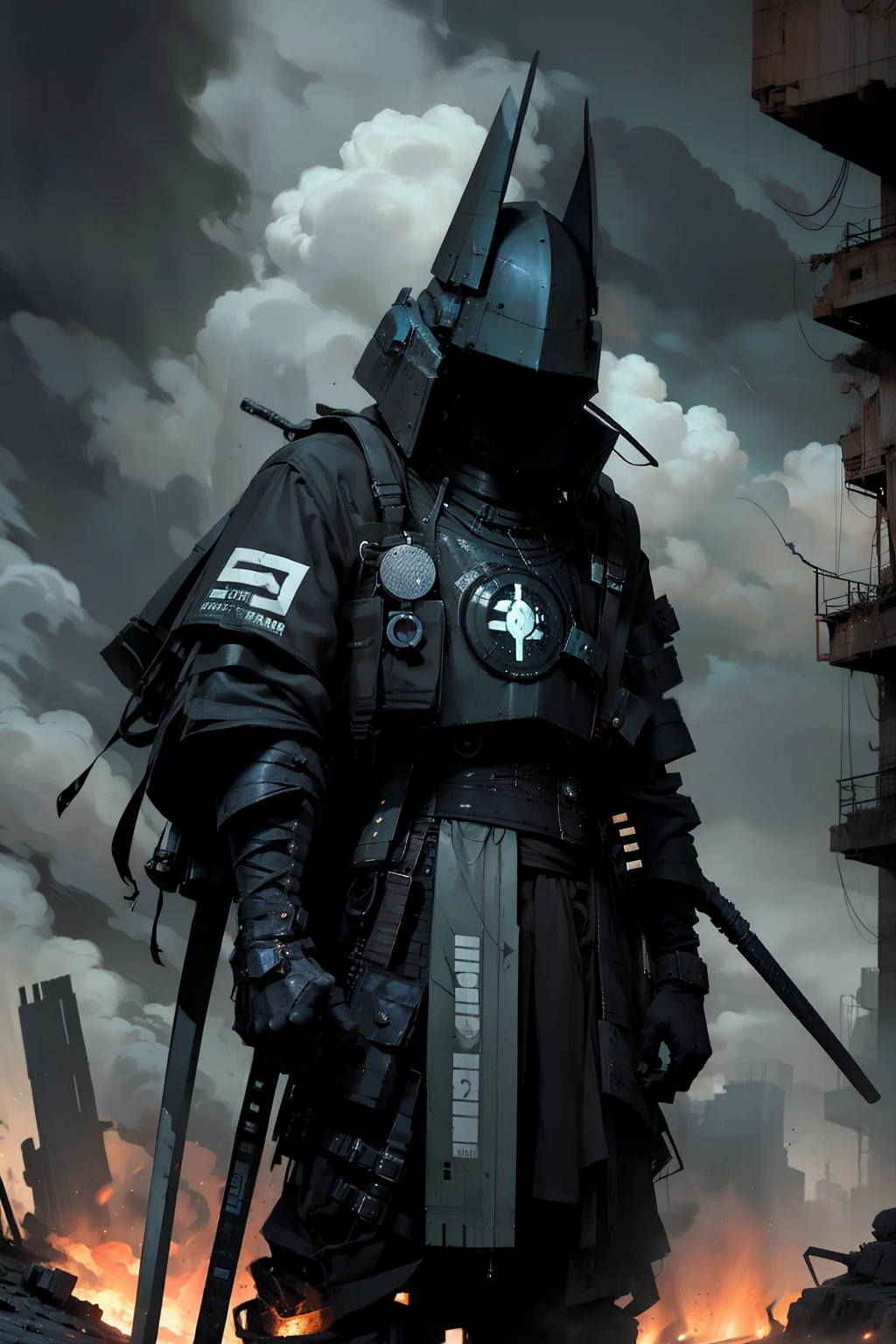 In the heart of a grungy, retrofuturistic film set, nestled amidst the ruins of a post-apocalyptic world, stands a fearsome figure. The Knight of Darkness, a bipoc hero clad in gleaming armor, grips the scythe that is synonymous with his ominous presence. His burning eyes, perfect orbs of crimson, glow with an intensity that mirrors the cinematic fire scene that consumes the background. The foggy atmosphere, a haunting blend of despair and anticipation, casts an ethereal glow upon his intricately detailed armor, heightening the drama in this award-winning close-up portrait. Cin