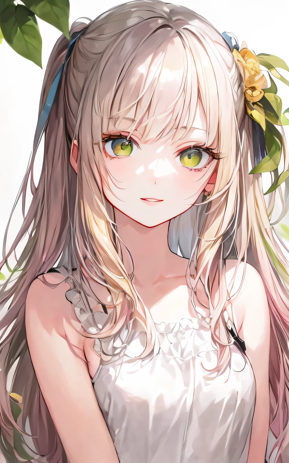 Masterpiece, highest quality, high quality illustration, high resolution, 1 woman, white background, watercolor, very cute, detailed beautiful face, glossy skin, white skin, (upper body: 2.0), shining smile, blonde, long hair, curly hair , two-tone eyes (yellow-green eyes: 1.6), long eyelashes, flashy makeup, GAL, actress, pink lips, thick lips, fleeting, bright picture、bright smile、Kogal、Marin Kitagawa、pink camisole