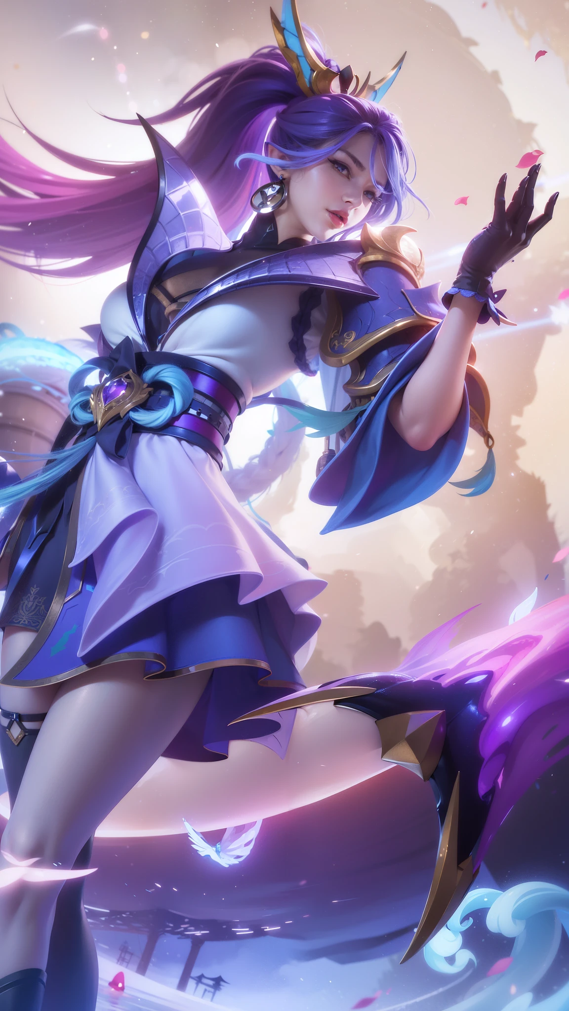 (female:1.2), 8k, ultra hd, ultra detailed texture, hyper realistic, masterpiece, detailed texture, detailed face, detailed skin, detailed lighting, (photorealistic:1.5), best quality, beautiful lighting, cinematic lighting, professional lighting, ultra highres, realistic, detailed hair, real hair, high quality, (realskin:1.5), extremely detailed, finely detail, ultra-detailed, 1girl, solo, elf, pointy ears, standing, demon horns, forehead protector, v-shapped eyebrow, lips, red lips, evil smile, nose, make up, pretty, beautiful, cute face, long hair, black hair, high ponytail, large breasts, cleavage, armpit, navel, stomach, black armor, pauldrons, bare shoulders, shoulder armor, thigh high, sleevless, detached sleeves, breastplate, gauntlets, karina \(mobile legends\), depth of field, looking aways, white skin, skin tight, amazing pose, outdoors, glowing, dark view.