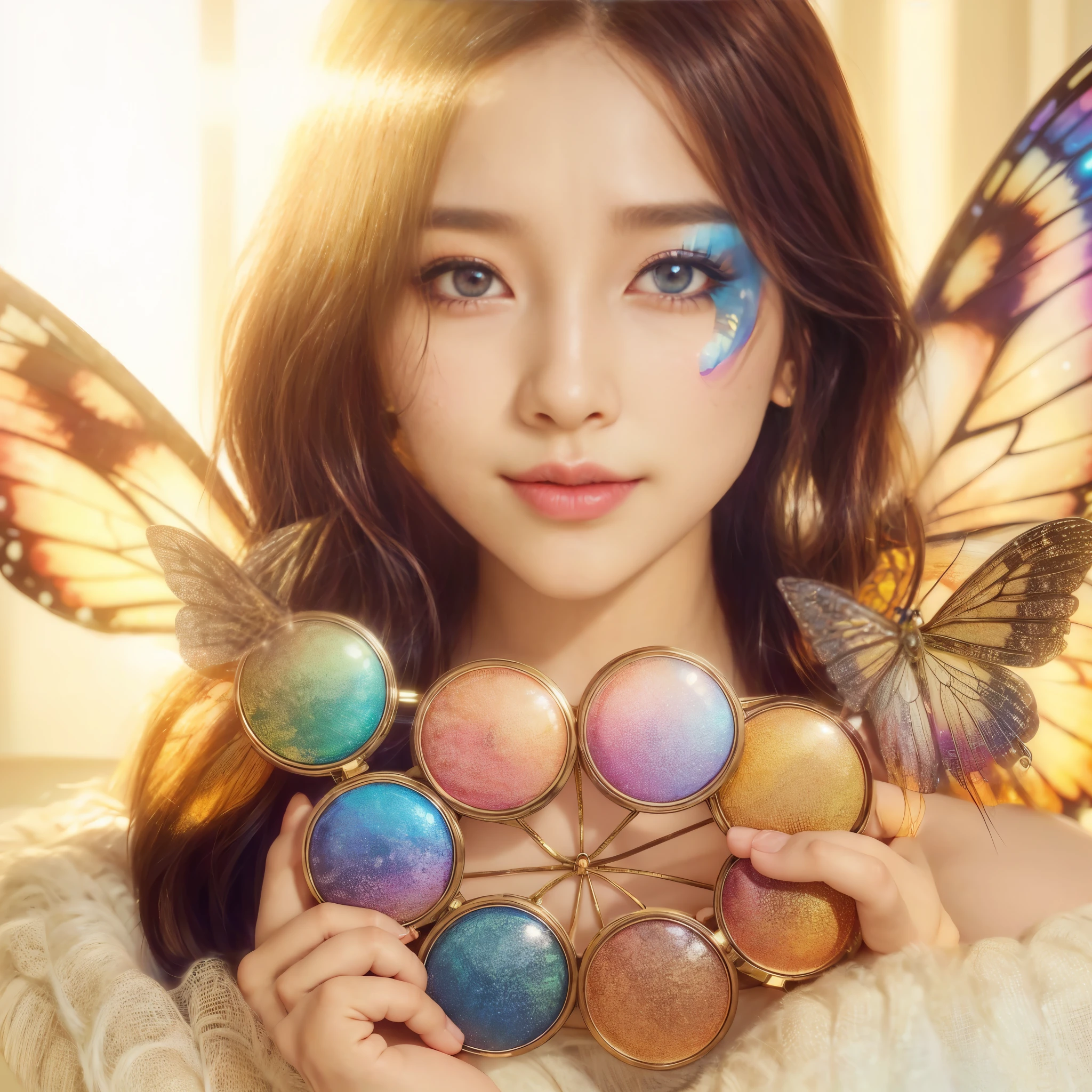 Arafe girl with butterfly wings holding colorful makeup palette, popular korean makeup, Fairy expression, popular korean makeup, light makeup, mysterious beauty, Bright multiple glowing eyes, fantasy beautiful, magical glowing eyes, beauty filter, glowing magic eyes, Colorful Lens, with beautiful colors, magic eyes, Cute and exciting, beautiful fairy, Colorful glow, beautiful colorful