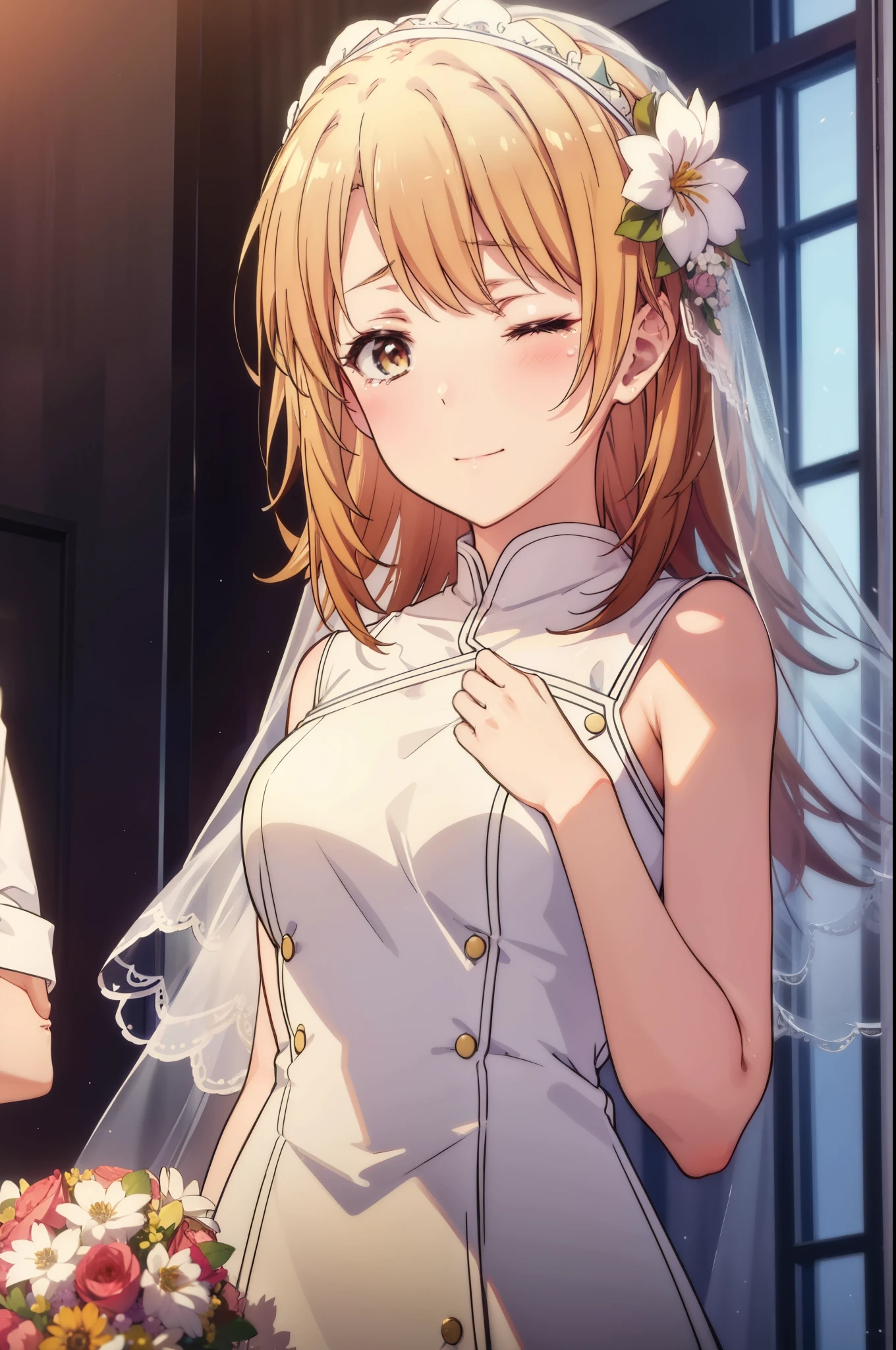 irohaisshiki, iroha isshiki, long hair, brown hair,  open your mouth,smile,happy atmosphere,crying with both eyes closed,tears run down her face,Crying with joy,blush,smile, Wedding dress,veil,Wedding Skirts,bouquet,bouquetトス,holding a large bouquet of flowers in both hands,So that the whole body goes into the illustration,Hanabubuki,wedding style,　　　　　　　　　　　　　　　　　　　　　break indoors,  church,chapel,
break (masterpiece:1.2), highest quality, High resolution, unity 8k wallpaper, (figure:0.8), (highly detailed face, perfect lighting, Very detailed CG, (perfect hands, perfect anatomy),