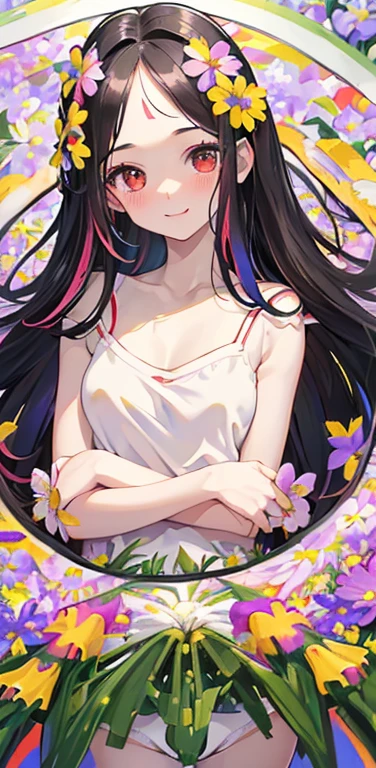 (8K、highest quality、masterpiece:1.2)、Super detailed、super resolution、Realistic、anime:1.2,(1girl) 、(black hair)、long hair,straight hair,red eyes、(forehead:1.3),(face focus,upper body),(white camisole white panties:1.5)、(light smile:1.3),(cute face,blush)、small breasts,(surrounded by many colorful flowers:1.8 ),