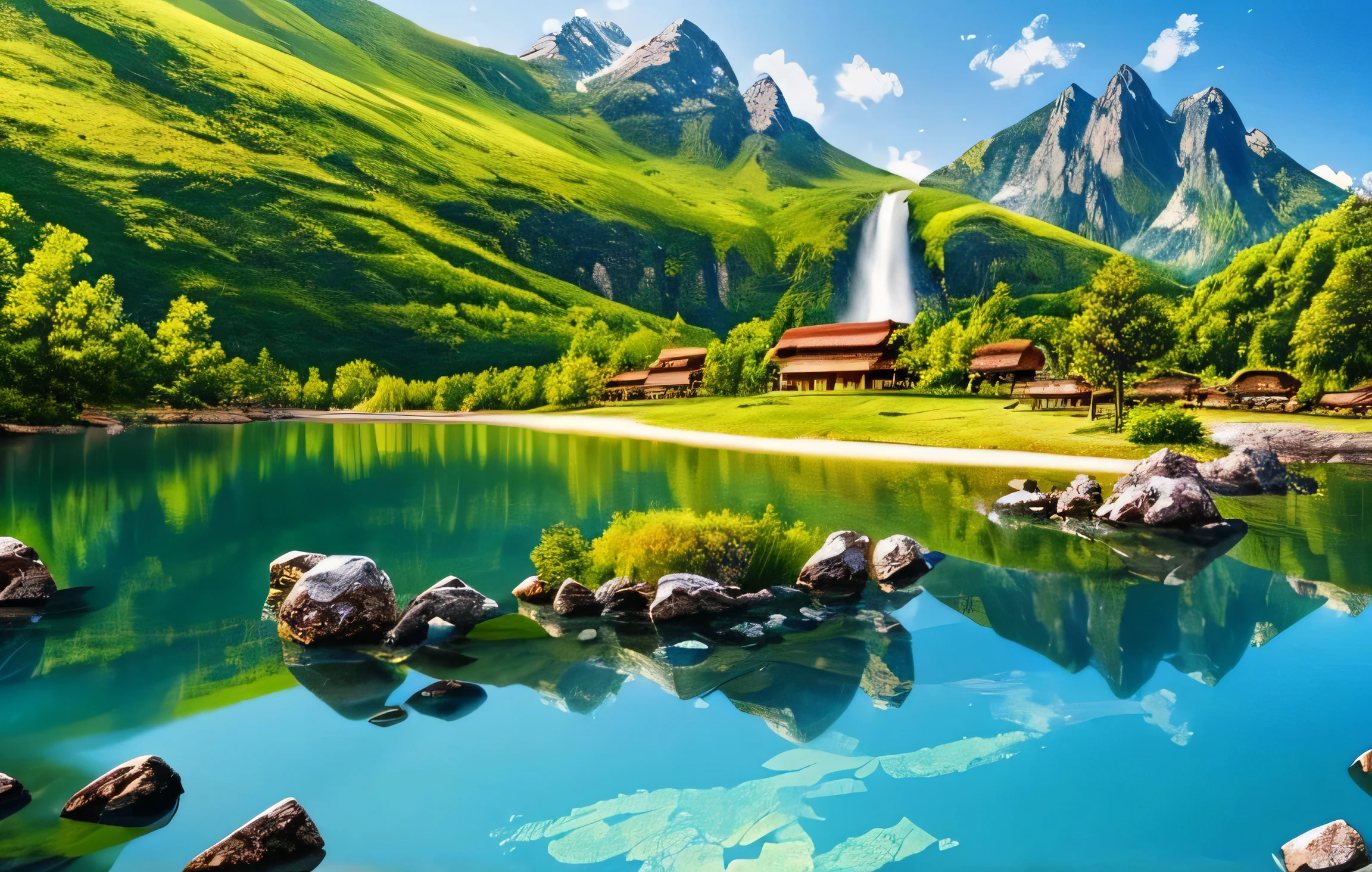masterpiece, 最high quality, high quality,very detailed CG unity 8k wallpaper, A paradise-like place, village next to the mountain, beautiful lake , flowers, field , written boundary depth, HDR, bloom, chromatic aberration ,realistic,very detailed, art station trends, Trending on CGsociety, Complex, high detail, dramatic, Art on the road