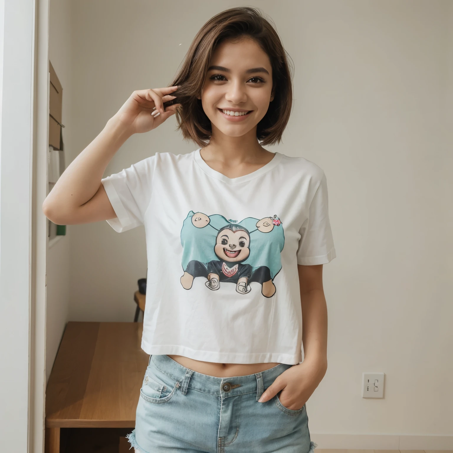 Gatoto com shorts curtos,com camisa curtas e sorrindo