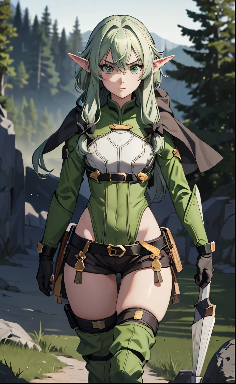 { masterpiece : best quality : high resolution : unity 8k wallpaper : illustration : extremely detailed face : perfect lighting : extremely detailed CG : perfect anatomy } { background = outside } { character = High Elf Archer : Green hair : small brear  : alone : fit body :  serious }