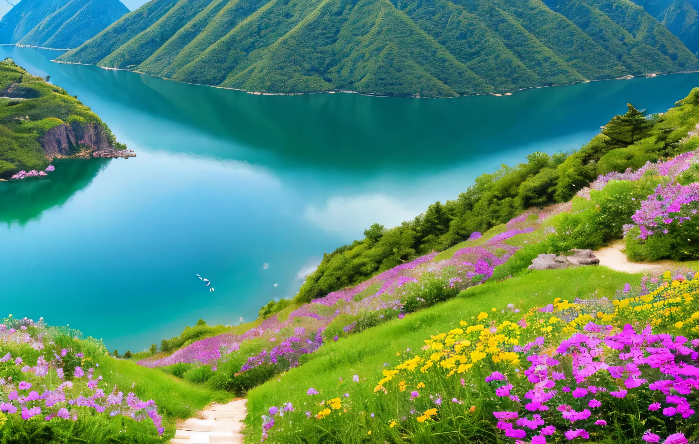 masterpiece, 最high quality, high quality,very detailed CG unity 8k wallpaper, A paradise-like place, village next to the mountain, beautiful lake , flowers, field , written boundary depth, HDR, bloom, chromatic aberration ,realistic,very detailed, art station trends, Trending on CGsociety, Complex, high detail, dramatic, Art on the road