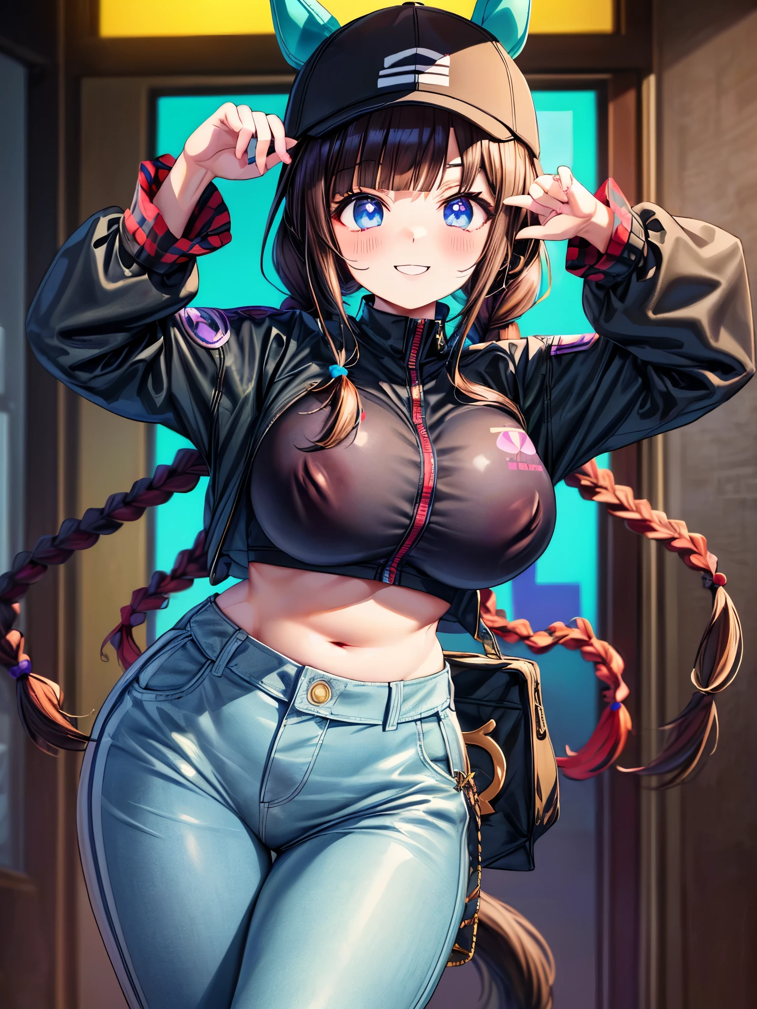 ((8k, best quality, masterpiece:1.2), ultra-detailed, (high brightness:1.3), (high contrast:1.1), (high saturation:1.1), (anime screencap:1.20), 1 girl, (hokko tarumae\(umamusume\)), (long hair:1.2), (animal ears, horse girl), (hair ornament:1.5), green eyes, black hair, blunt bangs, animal ears, horse tail, multicolored hair, streaked hair, brown eyes, braided ponytail, blue eyes, white hair, very long hair, ((two-tone hair:1.5)), long hair, horse ears, purple eyes, bangs, ((twin braids:1.5)), horse girl, brown hair, cute, ((beautiful eyes:1.2)), (cute eyes:1.2), ((Detailed details eyes:1.5)), cute, (((saggy gigantic breasts:1.20))), (puffy nipples:1.5), ((cowboy shot:1.5)), hair bow, ((official alternate costume:1.5)), (baseball cap, ears through headwear), black headwear, (black jacket), (zipper, long sleeves), (((black crop top:1.10))), (((midriff peek:1.10))), ((grey pants)), ((cute smile, happy, red blush)), (plump body:1.5),