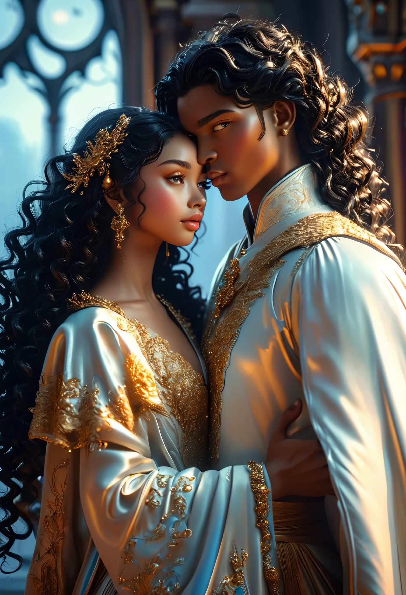 Novel in celestial landscape, a beautiful young darkskin couple with (((a short black hair young judge))) with (((a young imperial duke with long black curly hair))), with desire, hot couple, (((very beautiful))), perfect faces, whole body, romantic scene, romantic Way, sexy couple, 8K, extremely detailed, (high quality, realistic, photorealistic: 1.37), Full body, ideal proportions and defined complexion, meticulously crafted features, unreachable beauty, perfection, artistic masterpieces, vivid realism, hyper-detailed sculptures, life-like forms, truly awe-inspiring, impeccable craftsmanship, pure radiance, ethereal beauty, delicate contours, striking poses, sublime beauty, subtle nuances, dynamic compositions, vibrant colors, perfect lighting, soulful expressions, celestial aura, majestic presence, dreamlike atmosphere, unmatched gdetailed octane render trending on artstation, 8 k artistic photography, photorealistic concept art, soft natural volumetric cinematic perfect light, chiaroscuro, award - winning photograph, masterpiece, oil on canvas, beautiful detailed intricate insanely