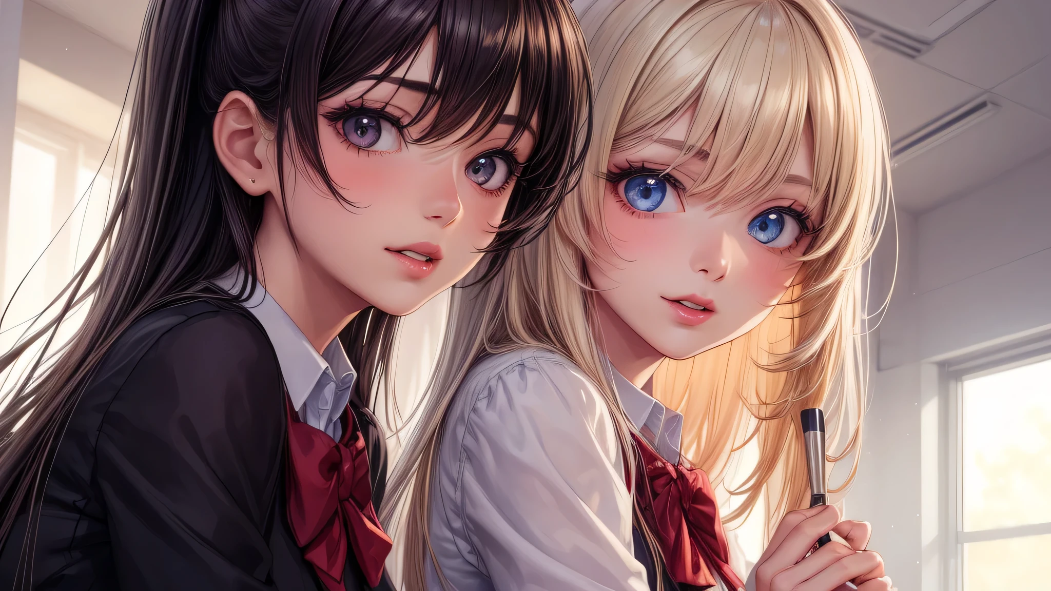 (2 girls:1.2), incredibly beautiful face, compensate, lipstick, enchanting smile, blonde, (school uniform, mini skirt:1.2), (highest quality: 1.4), (Super detailed), (highest quality:1.4), (super detailed), evening, (anime illustration), very high resolution, (Upper body), close up face, (School, classroom), School anime,  anime illustration,