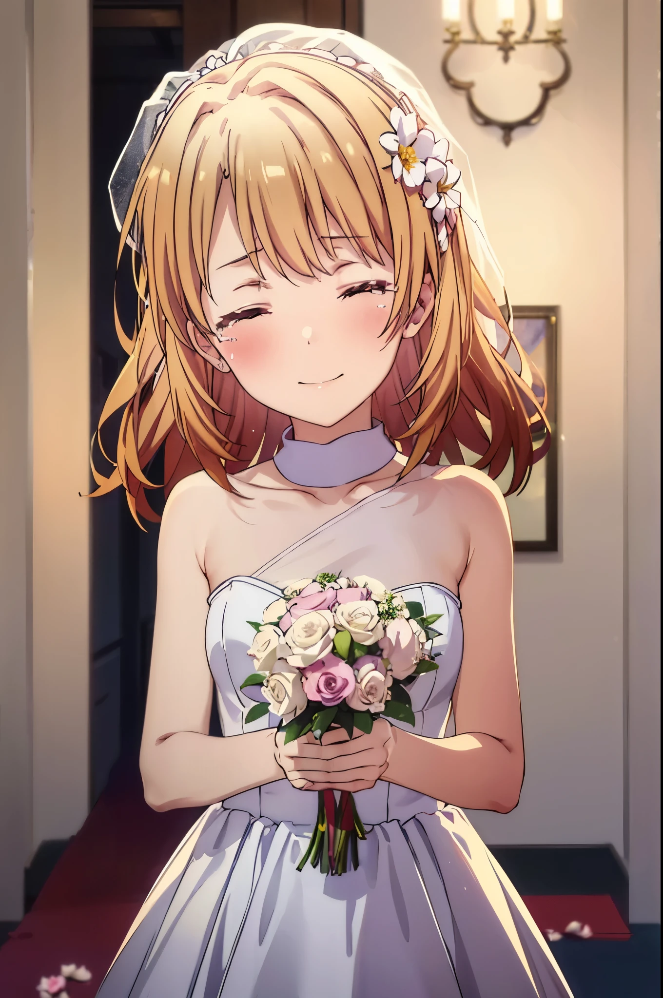 irohaisshiki, iroha isshiki, long hair, brown hair,  open your mouth,smile,happy atmosphere,crying with both eyes closed,tears run down her face,Crying with joy,blush,smile, Wedding dress,veil,Wedding Skirts,bouquet,bouquetトス,holding a large bouquet of flowers in both hands,So that the whole body goes into the illustration,Hanabubuki,wedding style,　　　　　　　　　　　　　　　　　　　　　break indoors,  church,chapel,
break (masterpiece:1.2), highest quality, High resolution, unity 8k wallpaper, (figure:0.8), (highly detailed face, perfect lighting, Very detailed CG, (perfect hands, perfect anatomy),